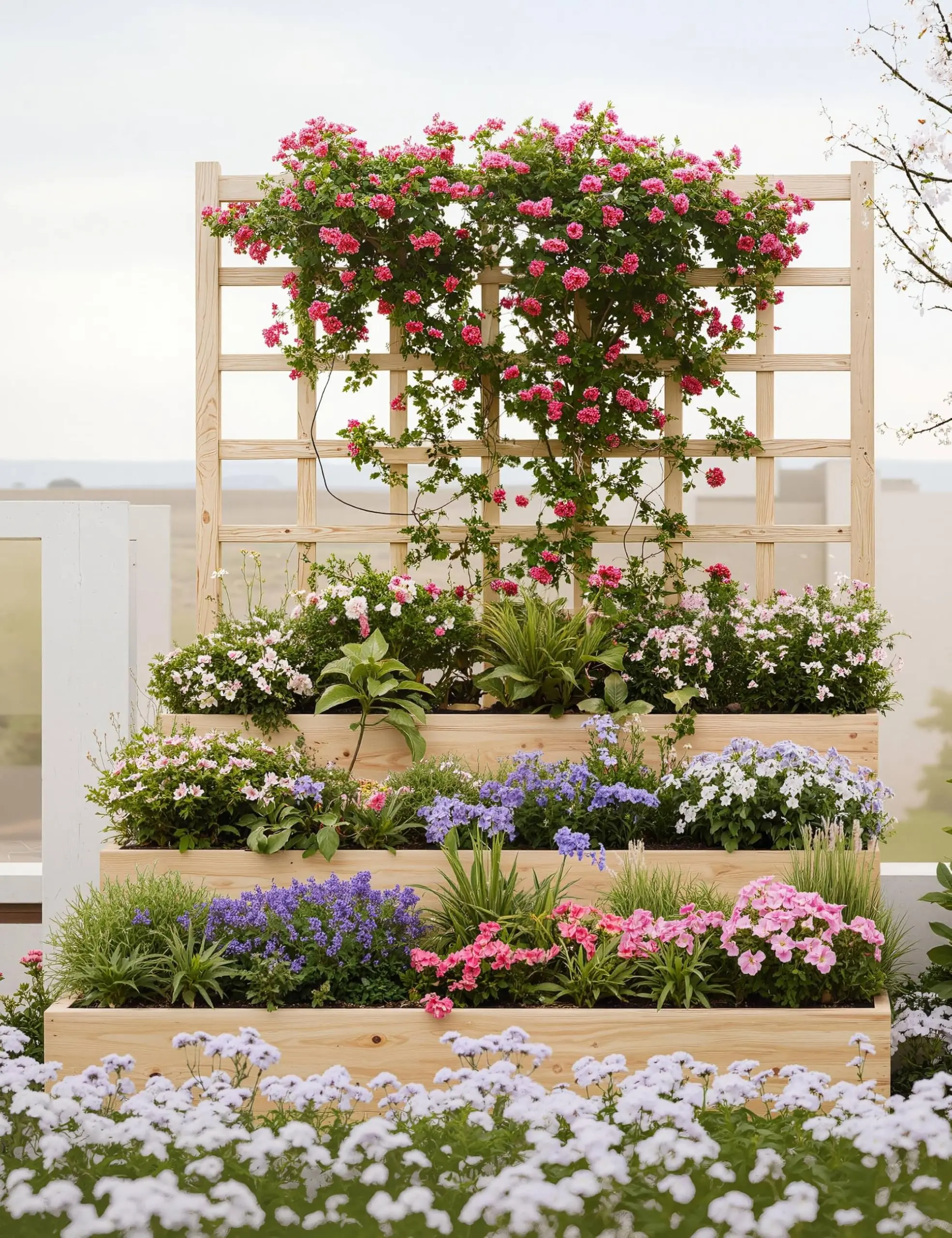 3-Tier Elevated Garden Bed with Trellis - Wooden Vertical Planter Box for Vegetables, Flowers, Herbs & Climbing Plants - Outdoor