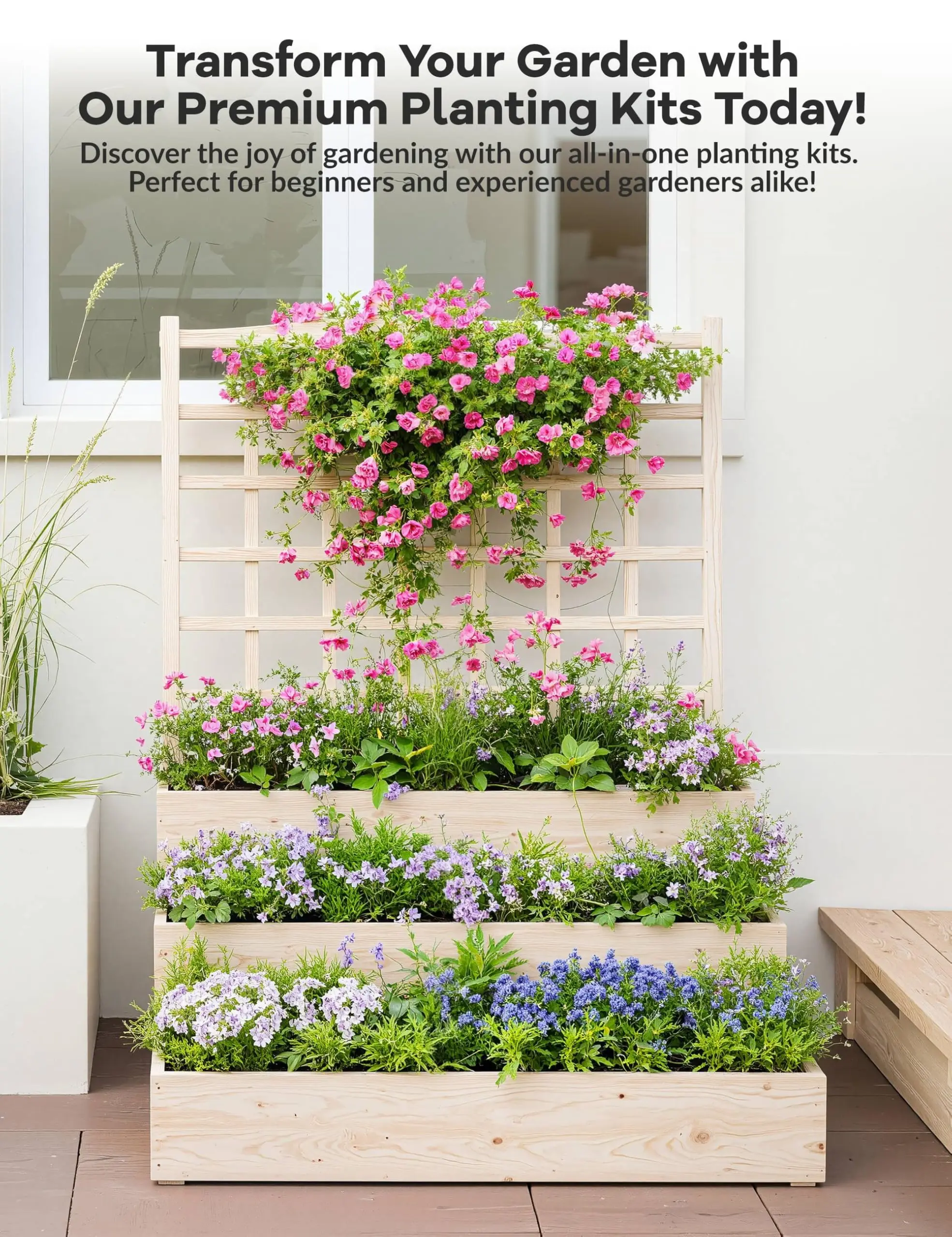 3-Tier Elevated Garden Bed with Trellis - Wooden Vertical Planter Box for Vegetables, Flowers, Herbs & Climbing Plants - Outdoor