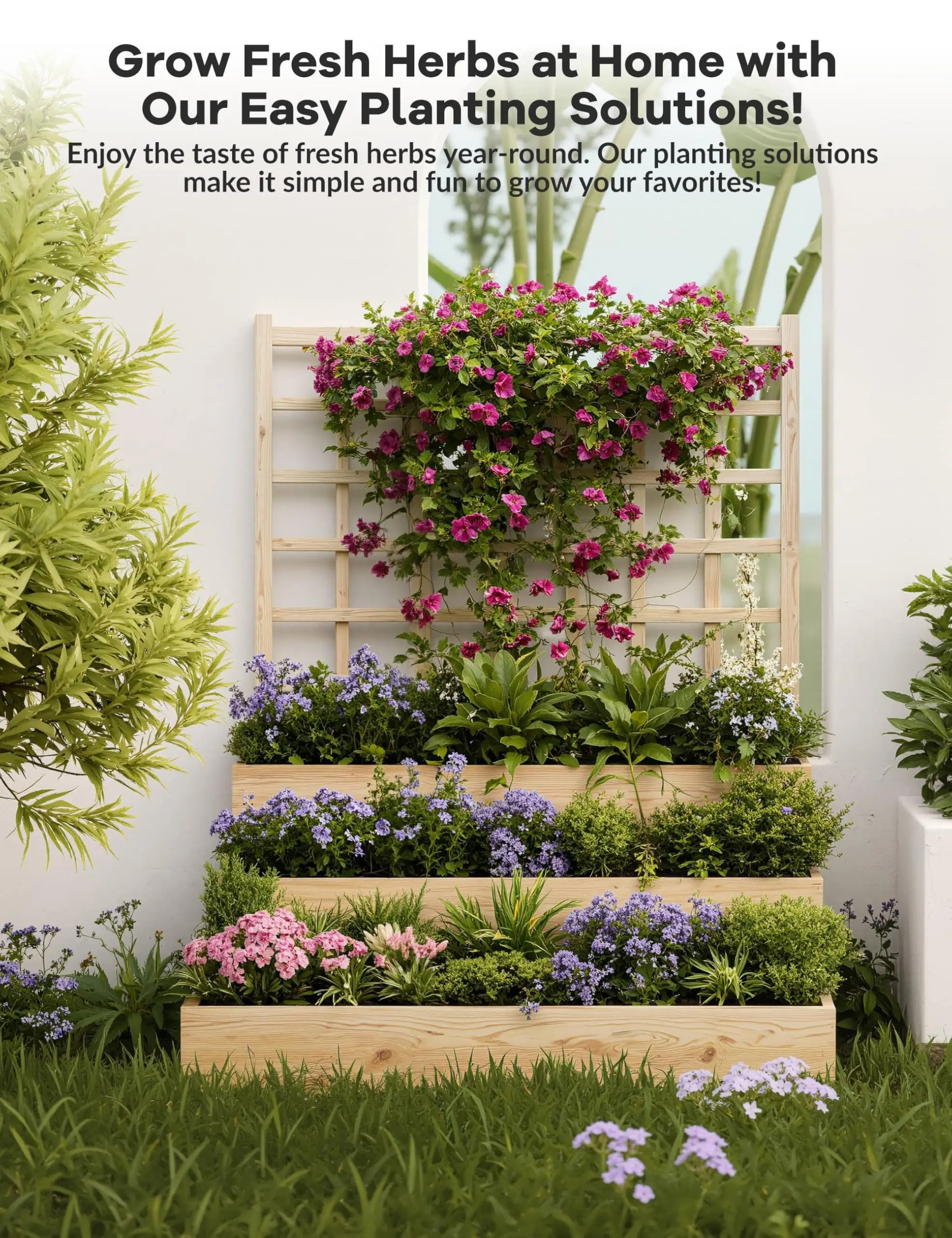 3-Tier Elevated Garden Bed with Trellis - Wooden Vertical Planter Box for Vegetables, Flowers, Herbs & Climbing Plants - Outdoor