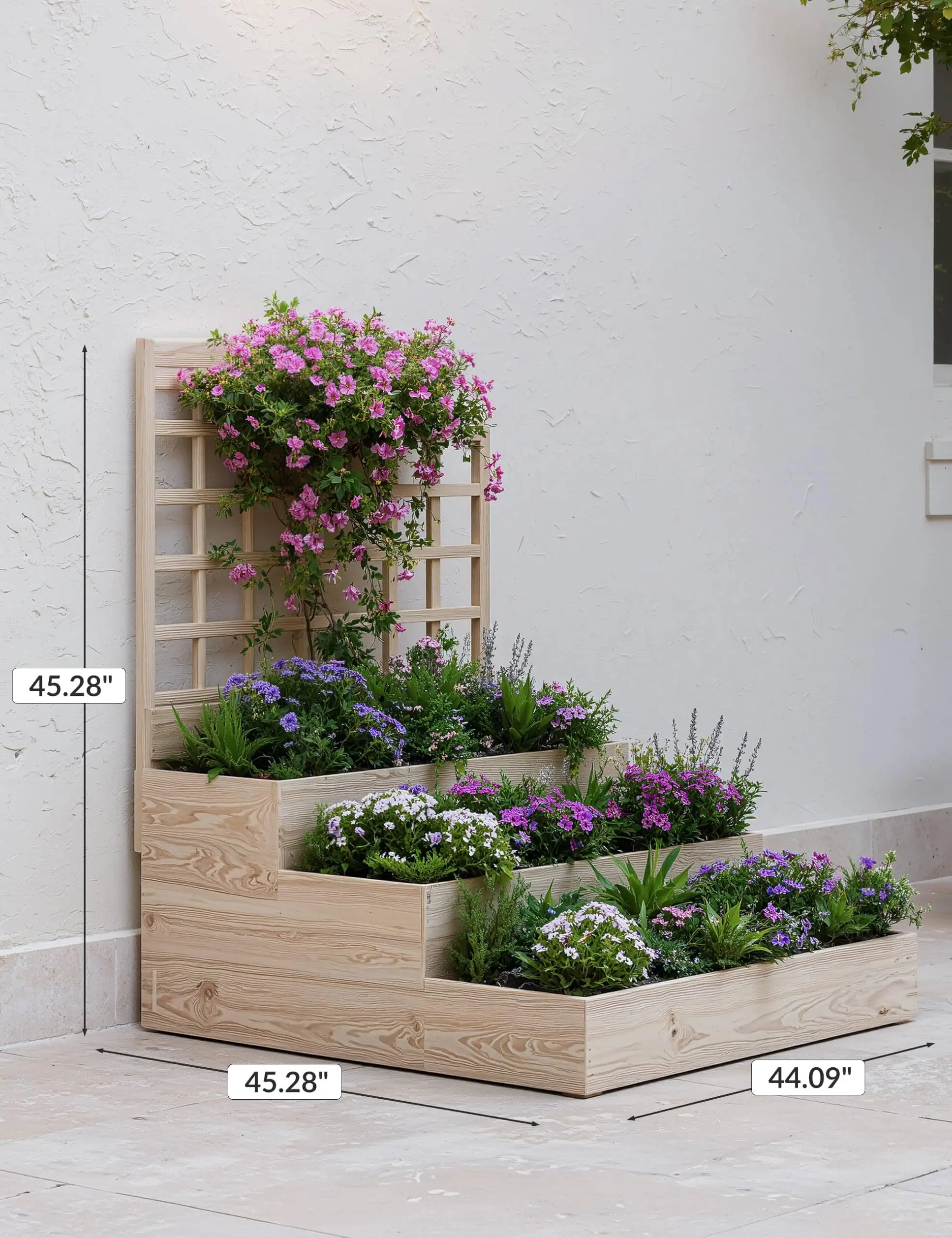 3-Tier Elevated Garden Bed with Trellis - Wooden Vertical Planter Box for Vegetables, Flowers, Herbs & Climbing Plants - Outdoor