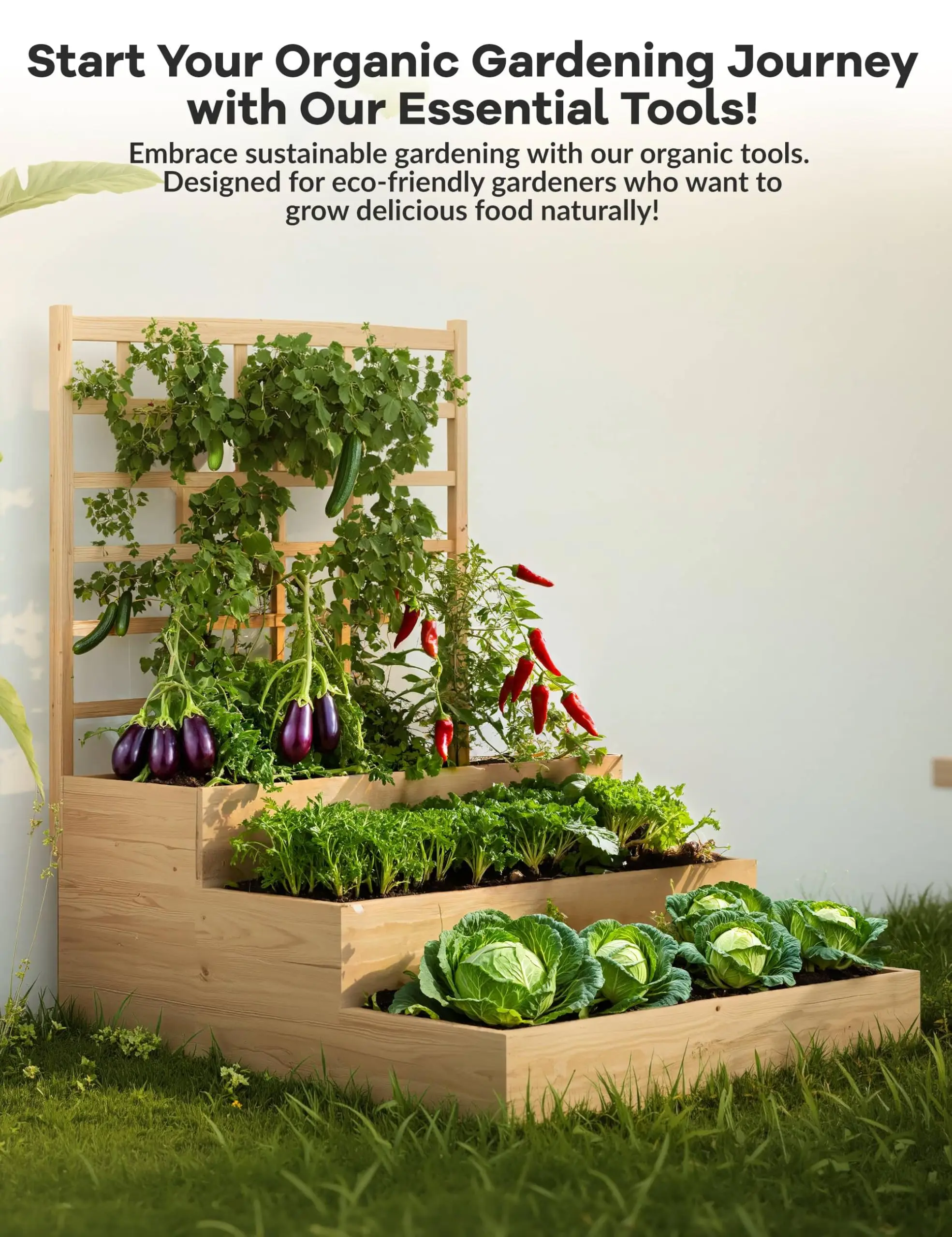 3-Tier Elevated Garden Bed with Trellis - Wooden Vertical Planter Box for Vegetables, Flowers, Herbs & Climbing Plants - Outdoor