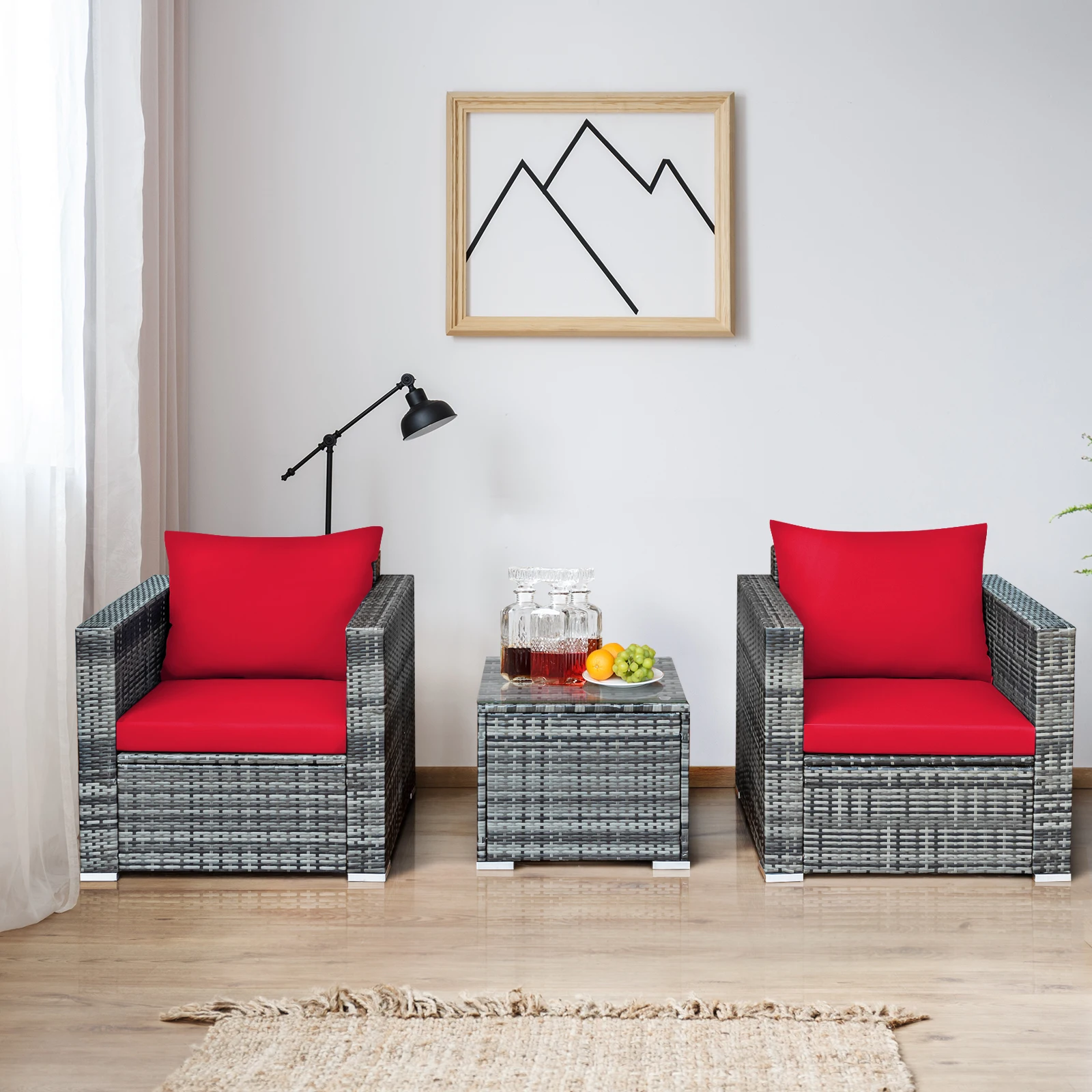 3 PC Patio Rattan Furniture Bistro Set Cushioned Sofa Chair Table Red