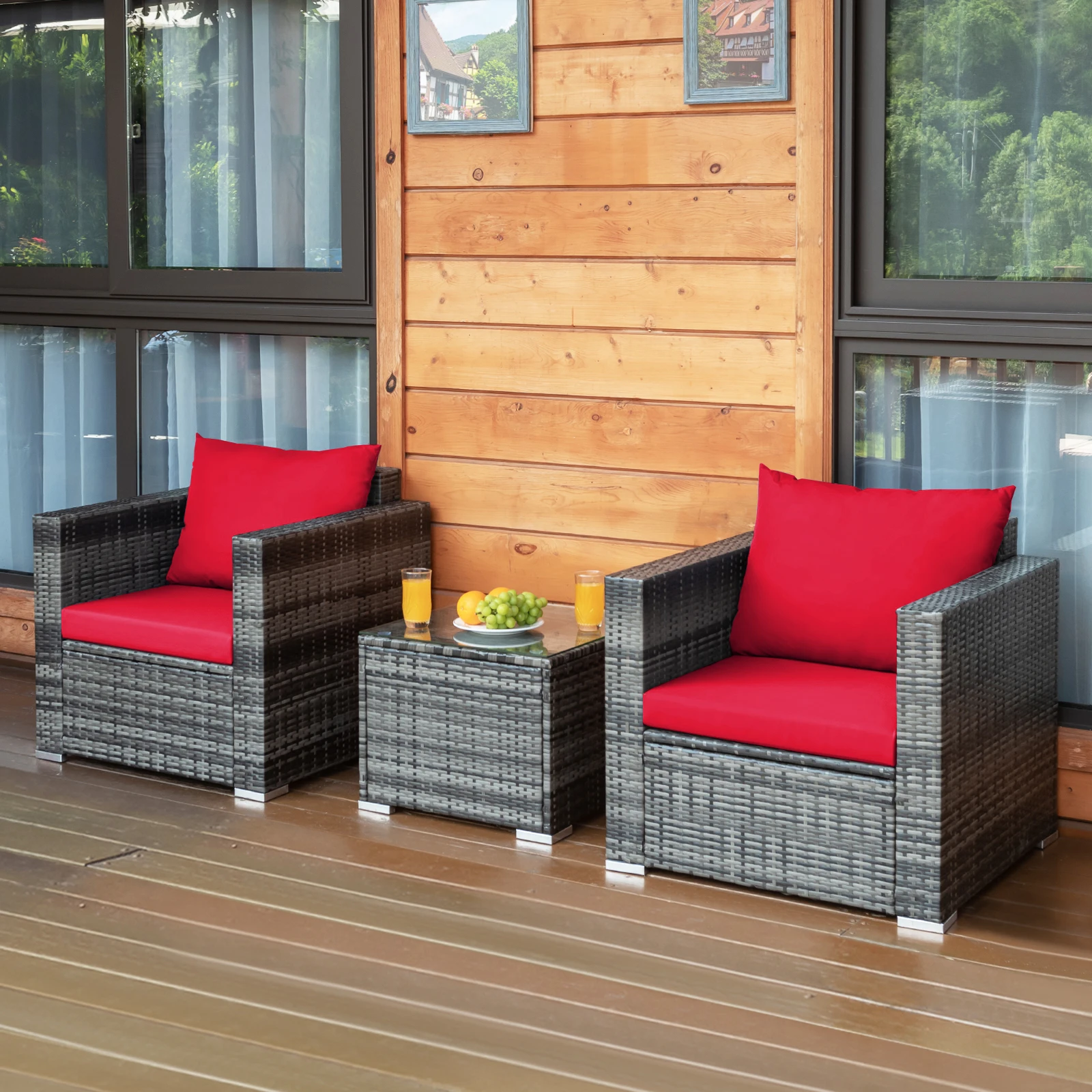 3 PC Patio Rattan Furniture Bistro Set Cushioned Sofa Chair Table Red
