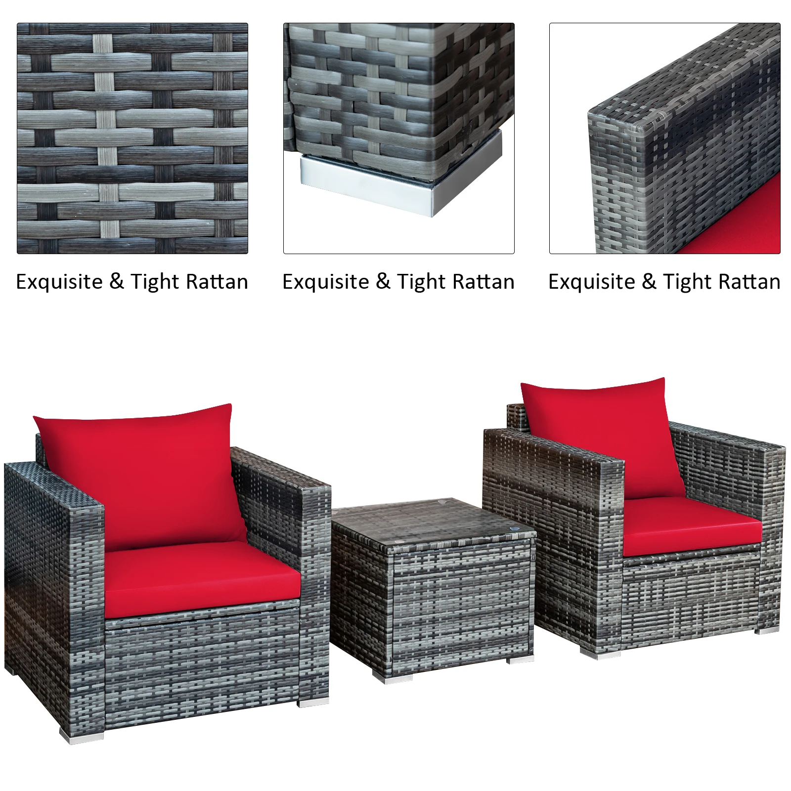 3 PC Patio Rattan Furniture Bistro Set Cushioned Sofa Chair Table Red