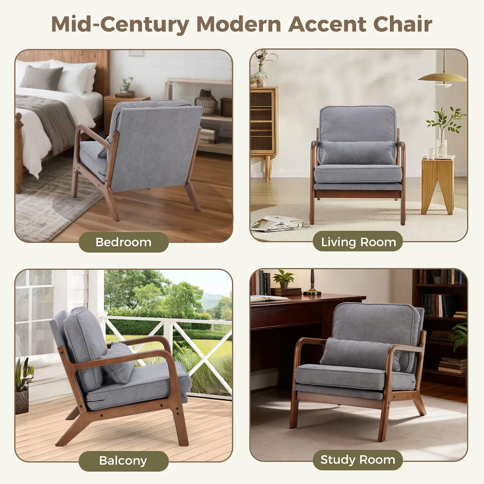 JHK Mid Century Modern Chair Solid Wooden Frame Accent Chair with Arms and Waist Cushion Reading Chairs for Adults Lounge Chair