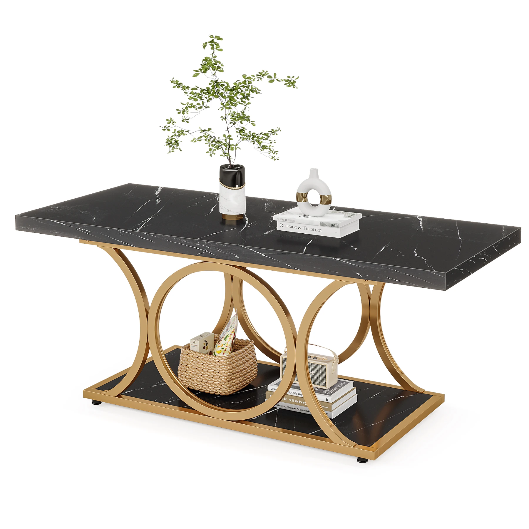 Tribesigns Rectangle Coffee Table, 47.24-inch Modern Coffee Tables for Living Room, 2-Tier Faux Marble Wood Coffee Table