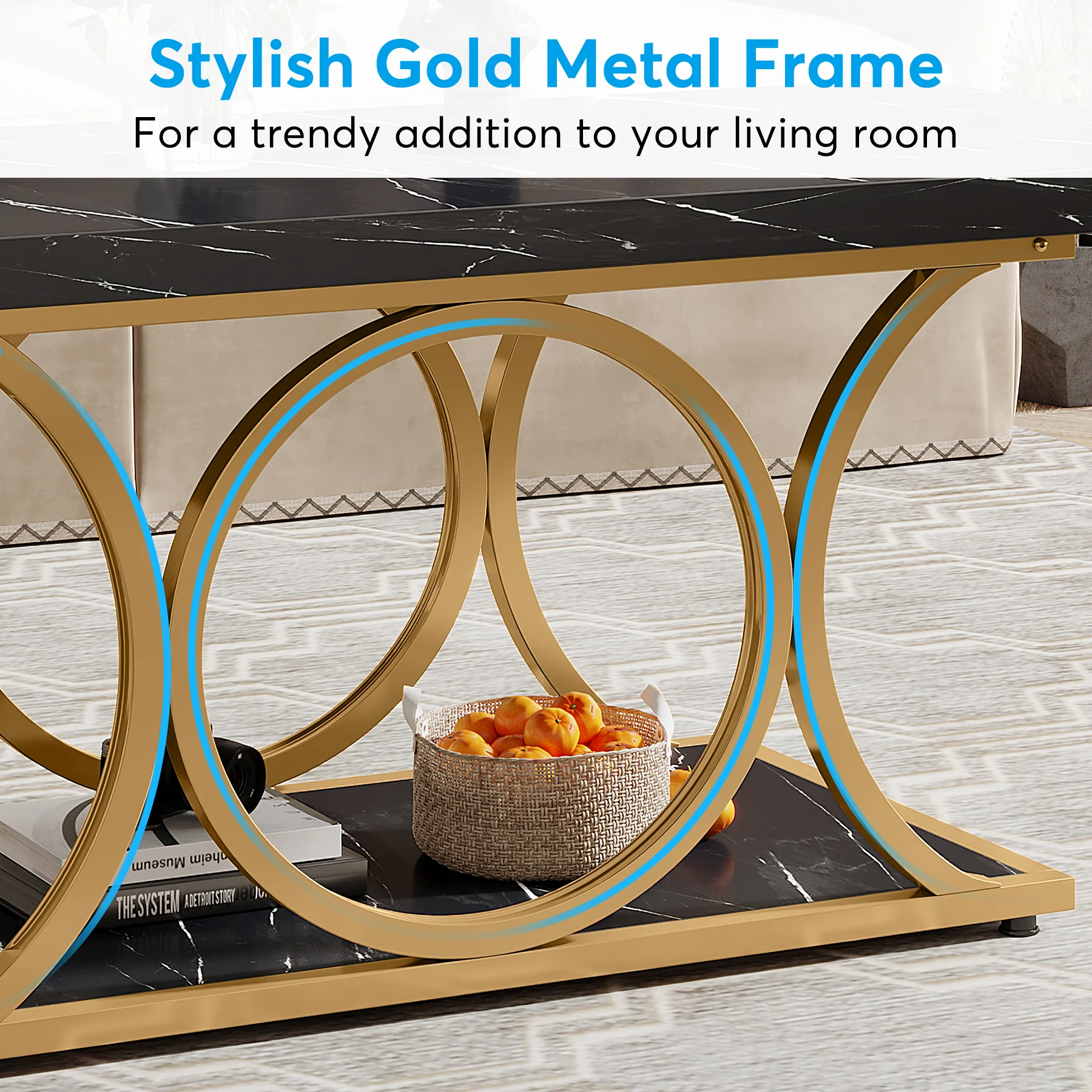 Tribesigns Rectangle Coffee Table, 47.24-inch Modern Coffee Tables for Living Room, 2-Tier Faux Marble Wood Coffee Table