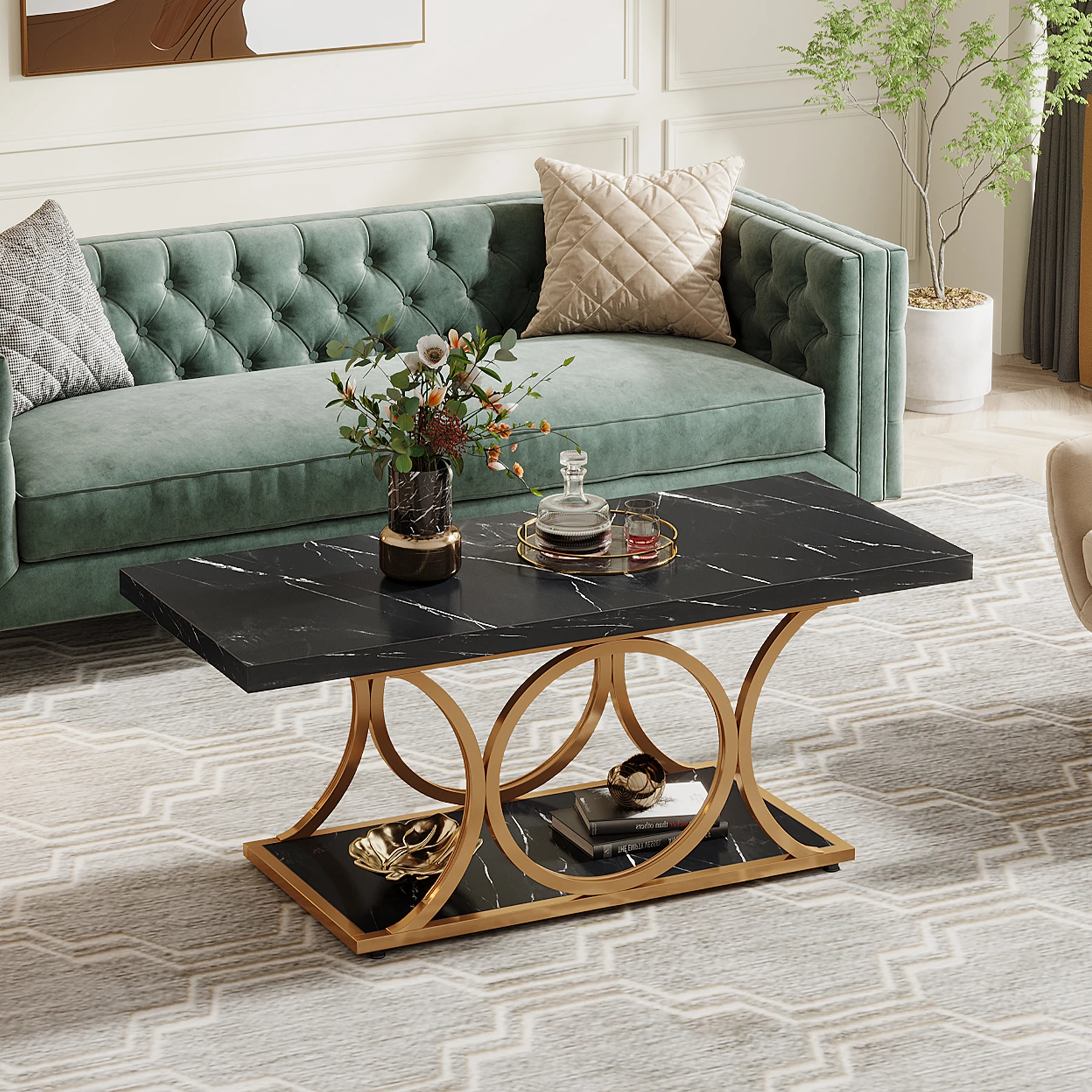 Tribesigns Rectangle Coffee Table, 47.24-inch Modern Coffee Tables for Living Room, 2-Tier Faux Marble Wood Coffee Table