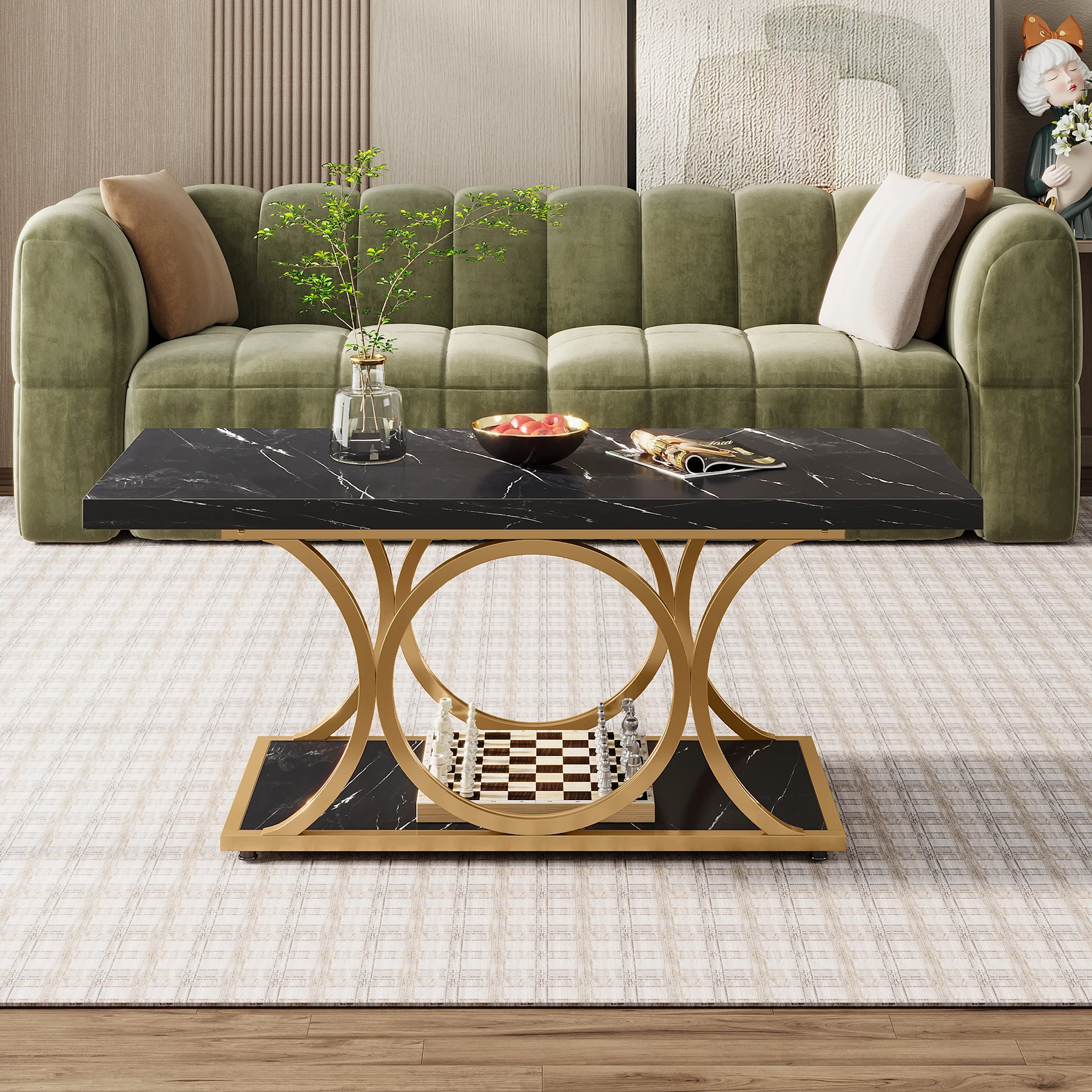 Tribesigns Rectangle Coffee Table, 47.24-inch Modern Coffee Tables for Living Room, 2-Tier Faux Marble Wood Coffee Table