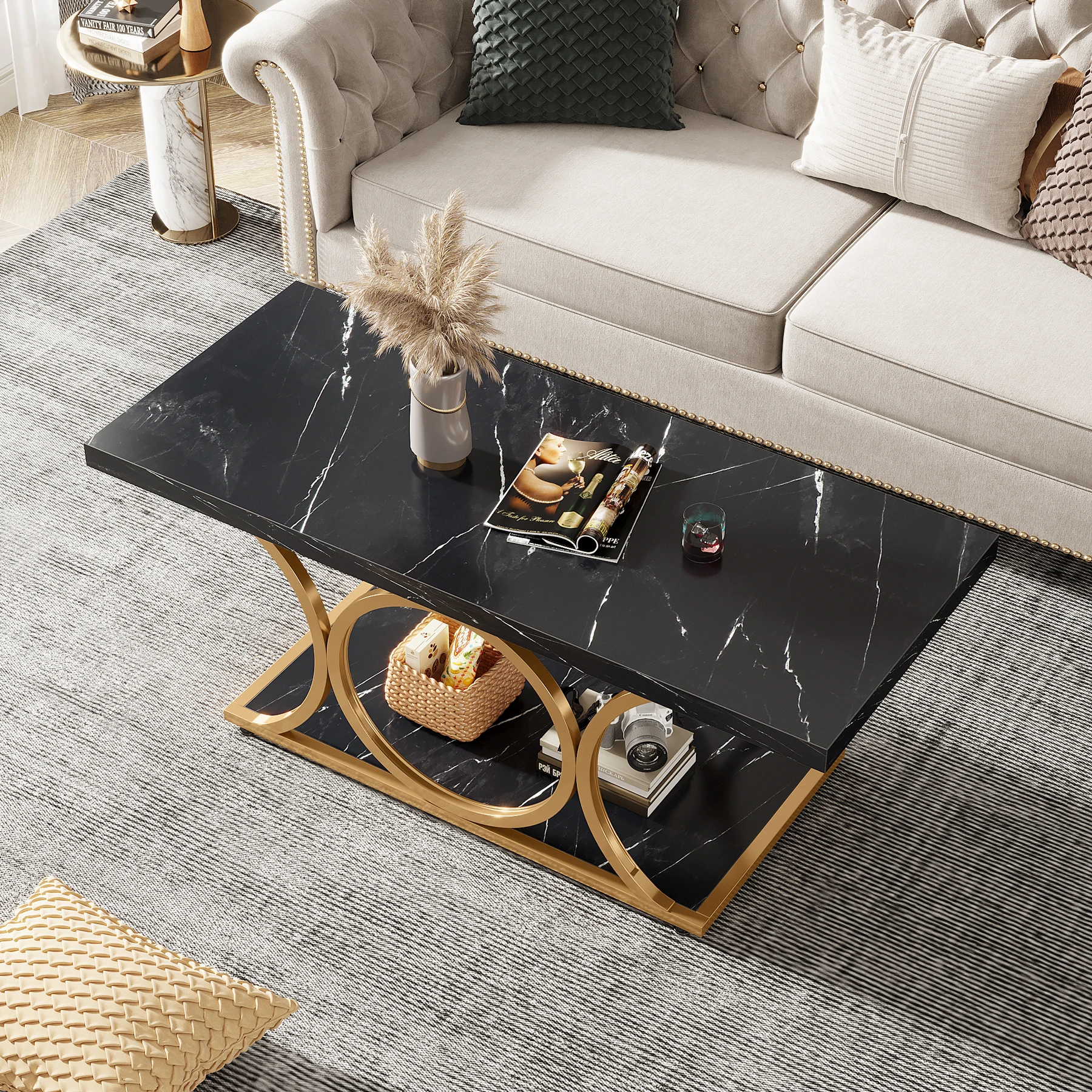 Tribesigns Rectangle Coffee Table, 47.24-inch Modern Coffee Tables for Living Room, 2-Tier Faux Marble Wood Coffee Table