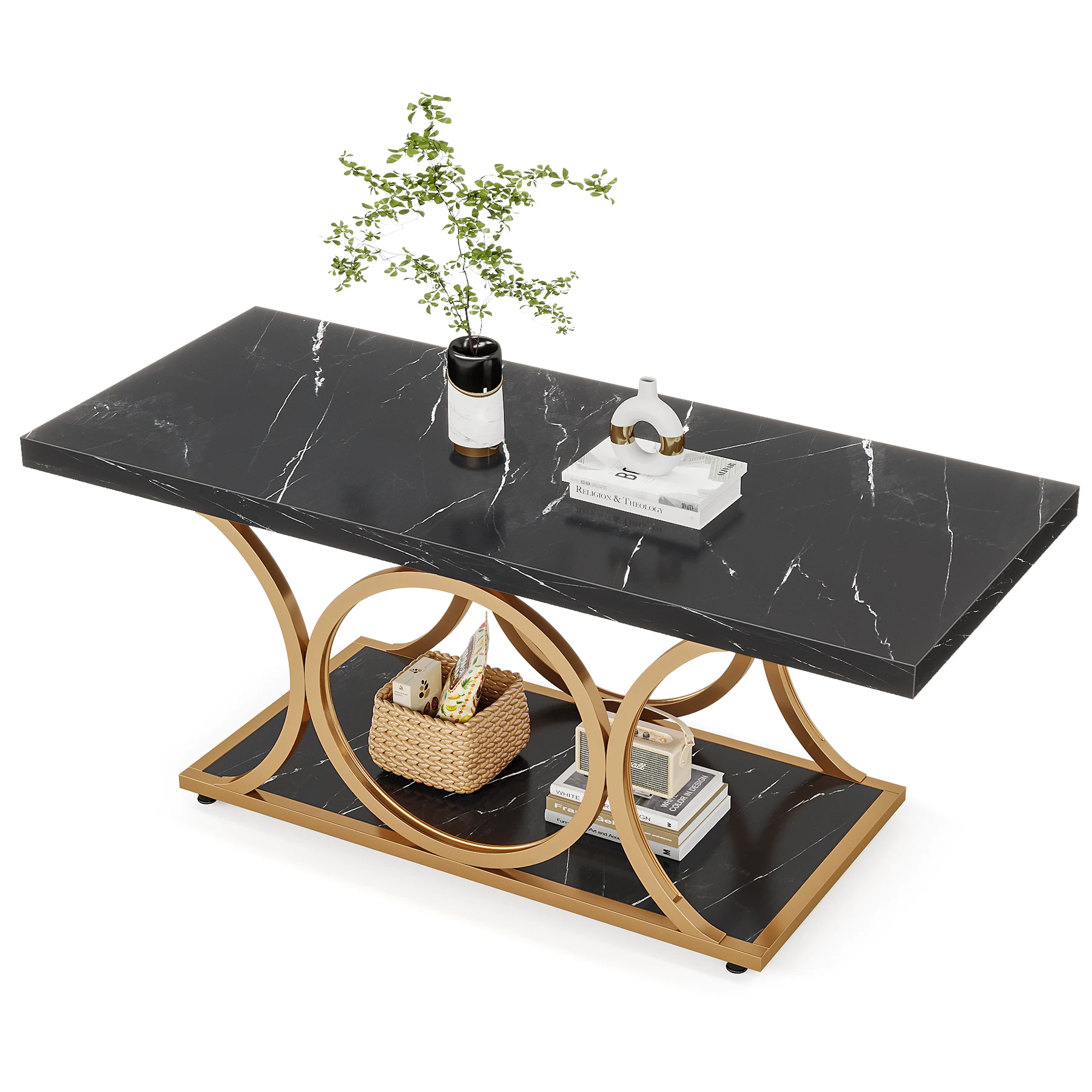Tribesigns Rectangle Coffee Table, 47.24-inch Modern Coffee Tables for Living Room, 2-Tier Faux Marble Wood Coffee Table