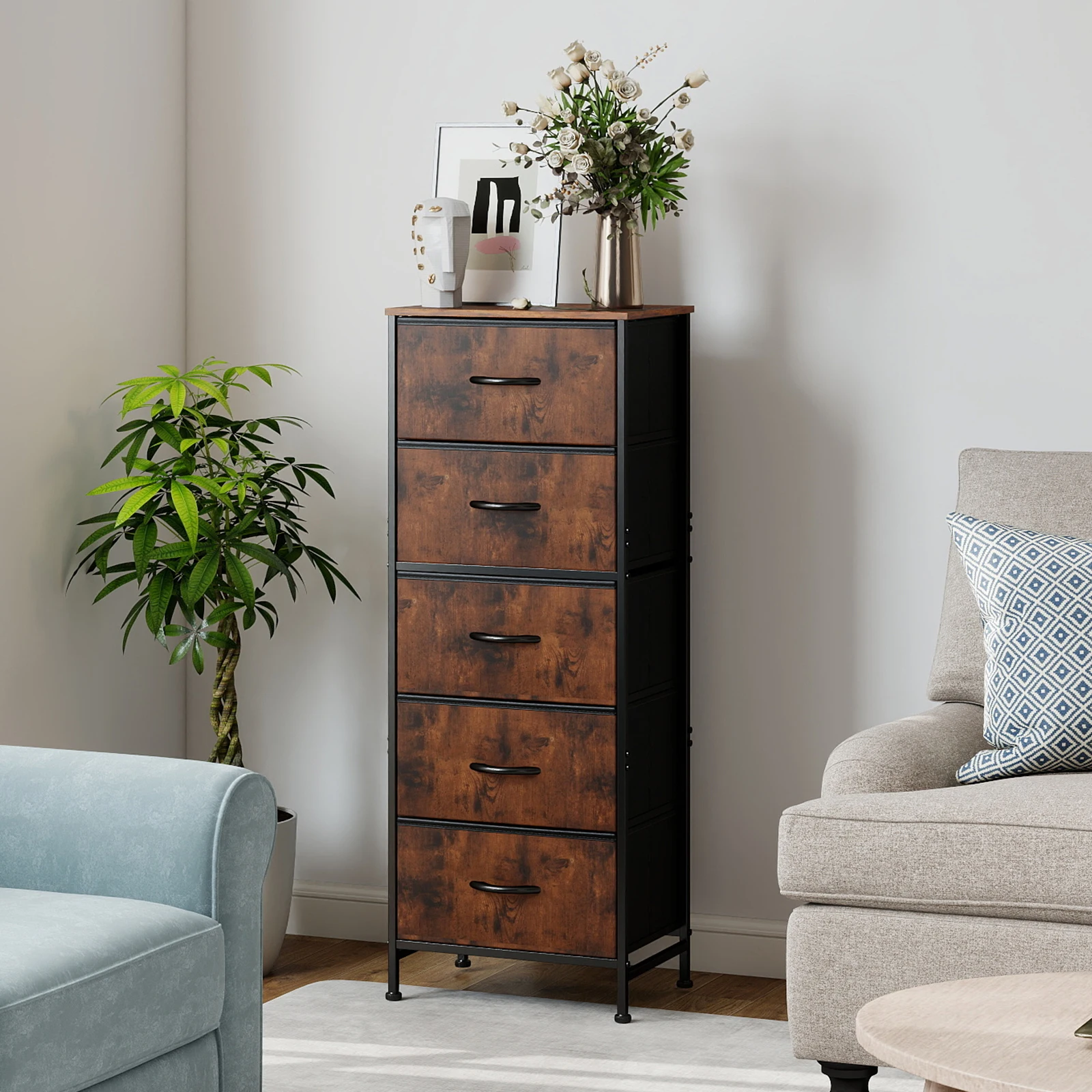 JHK 48IN Dresser For Bedroom With 5 Fabric Drawers Nightstand Wardrobe Steel Frame Closet For Clothes Storage Cabinet Furniture