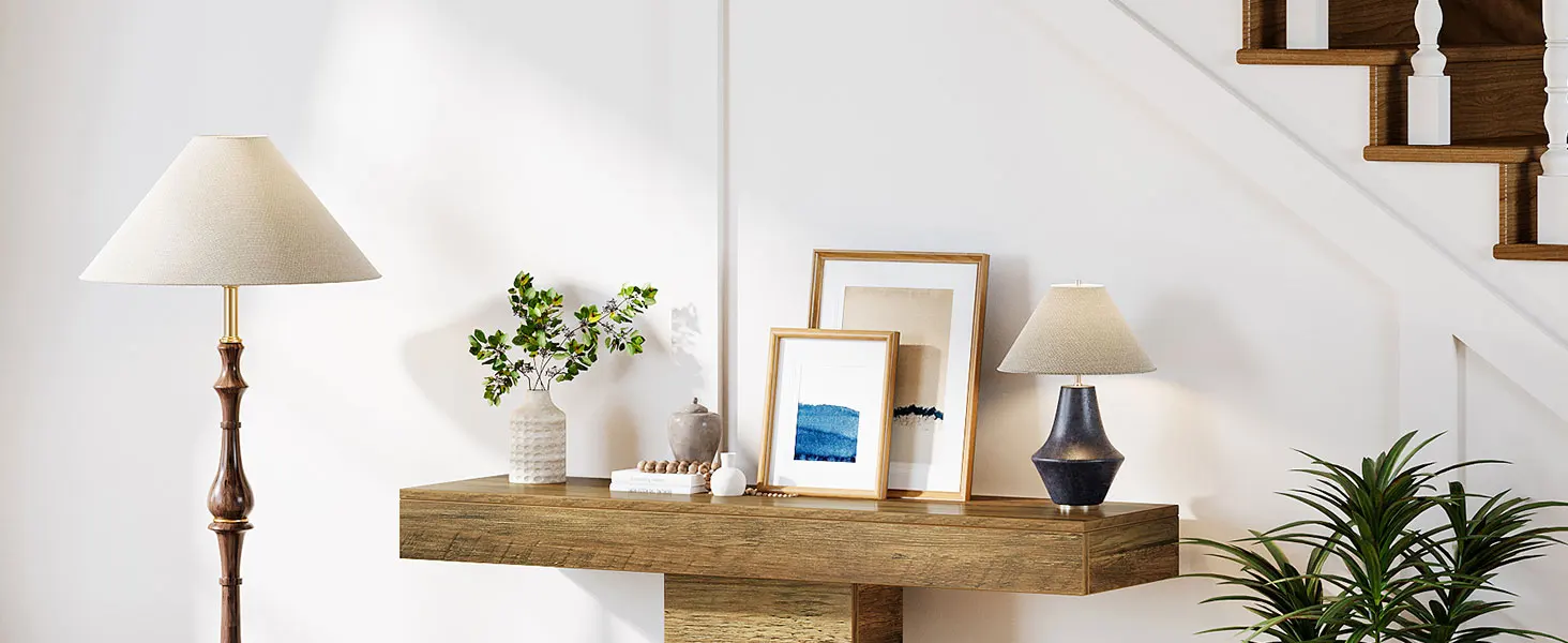 Tribesigns 42.5" Farmhouse Console Table, Narrow Wood Sofa Table Behind Couch with Geometric Base, Industrial Entryway Accent Ta