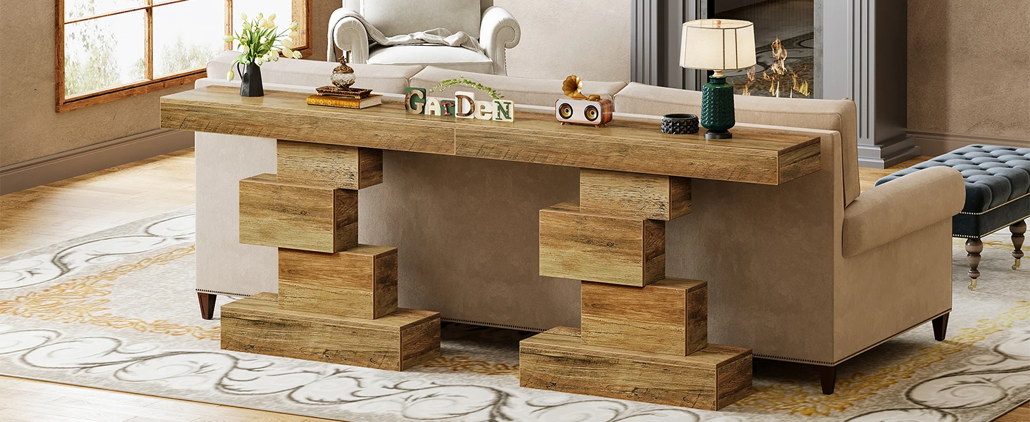 Tribesigns 42.5" Farmhouse Console Table, Narrow Wood Sofa Table Behind Couch with Geometric Base, Industrial Entryway Accent Ta
