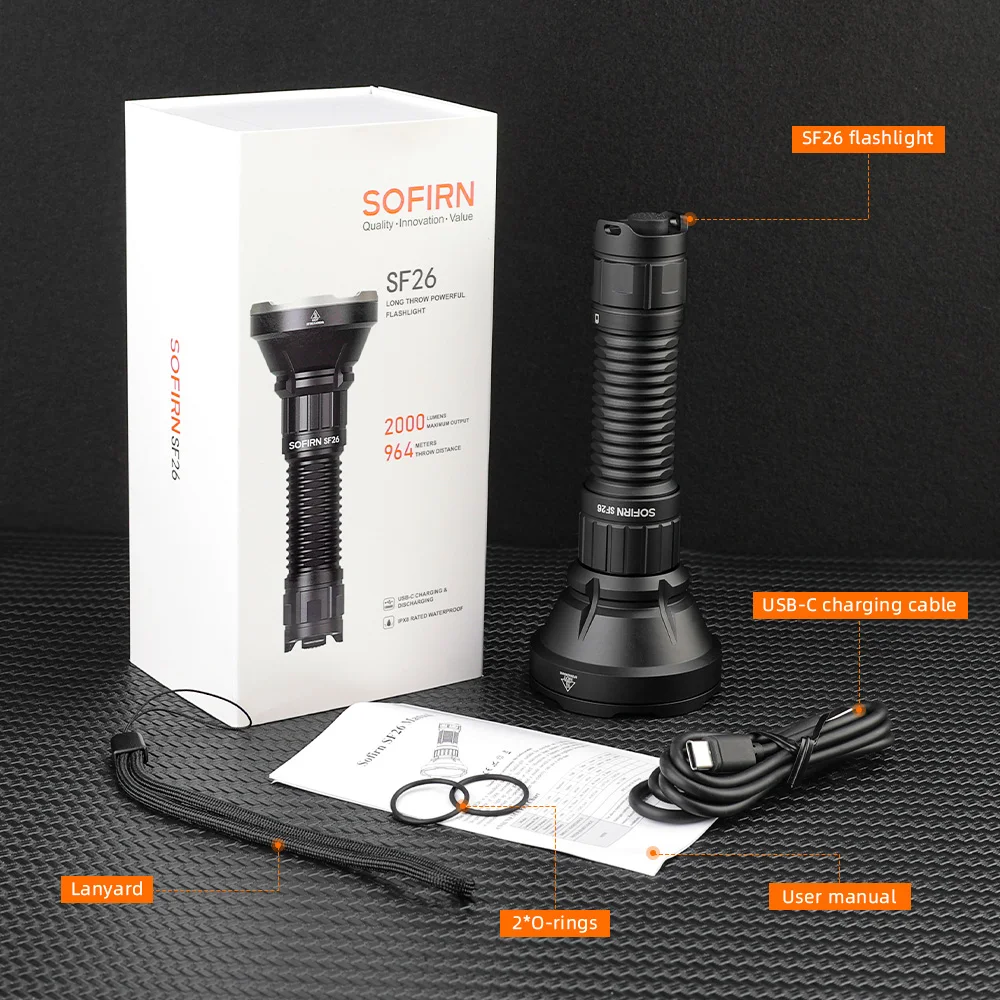 Sofirn SF26 2000lm SFT40 LED 6000K Tactical Flashlight Type-C Rechargeable Protable Powerful 21700 Torch Camping EDC Flashlight
