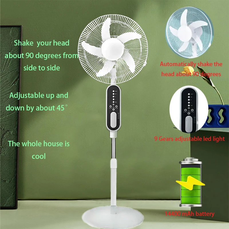 16 inch 14400mAh rechargeable battery solar rechargeable fan with solar panel, 2 bulbs, remote control function, 9 wind speeds