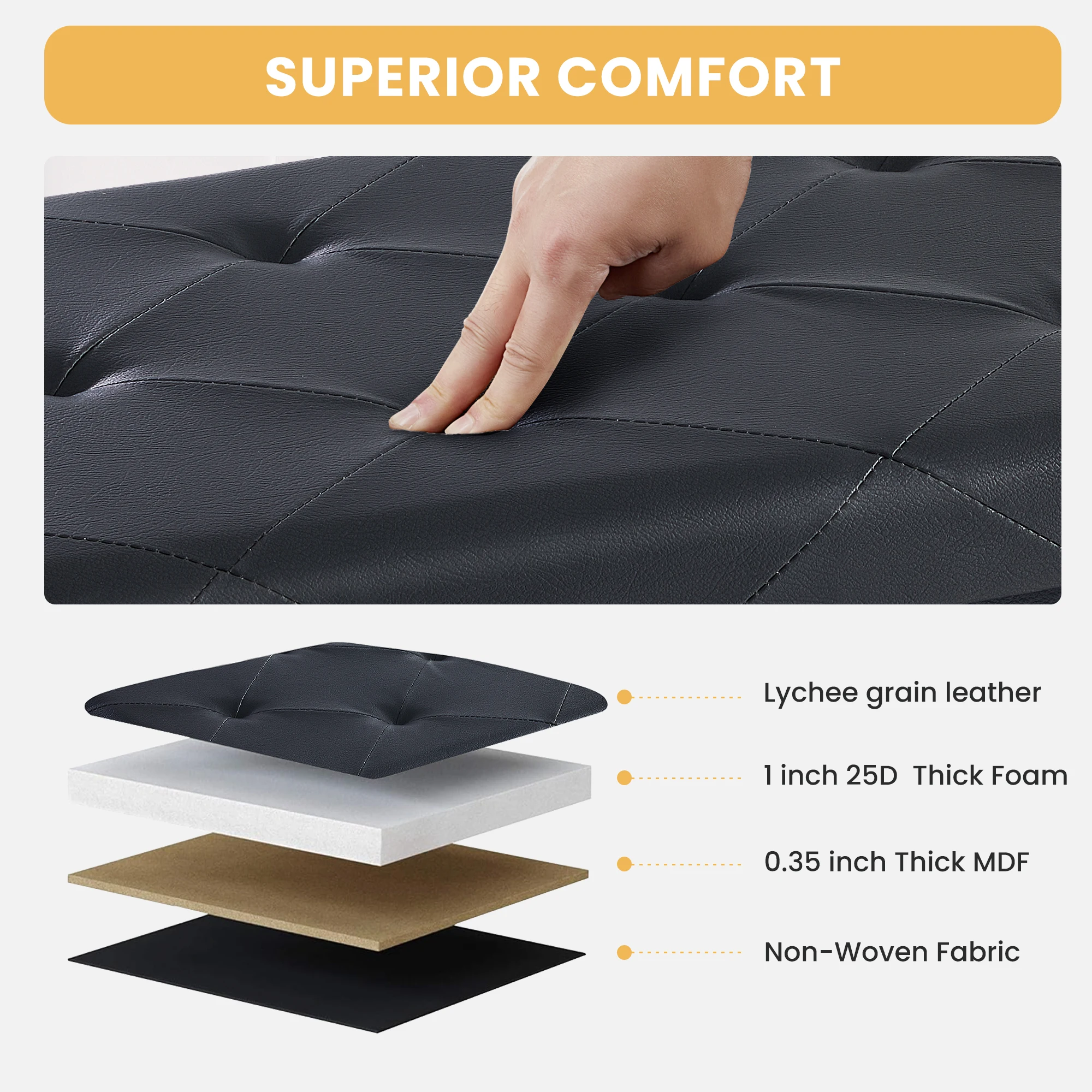 JHK 43 Inches Leather Folding Ottoman Storage Footstool Toy Box Bedroom Bench Load 660 lbs Foot Rest Stool For Living Room