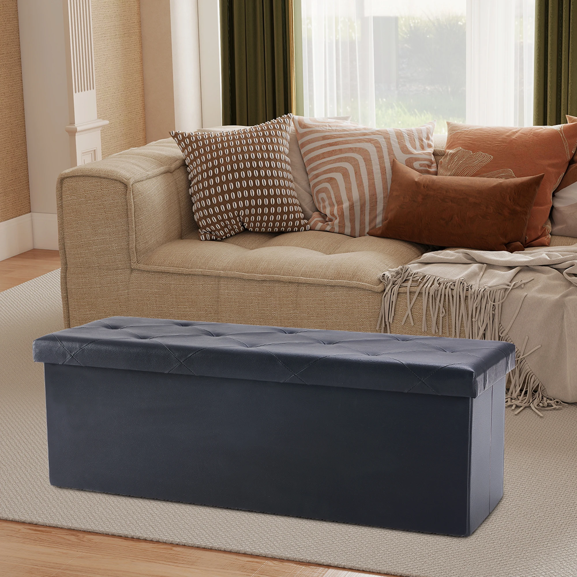 JHK 43 Inches Leather Folding Ottoman Storage Footstool Toy Box Bedroom Bench Load 660 lbs Foot Rest Stool For Living Room
