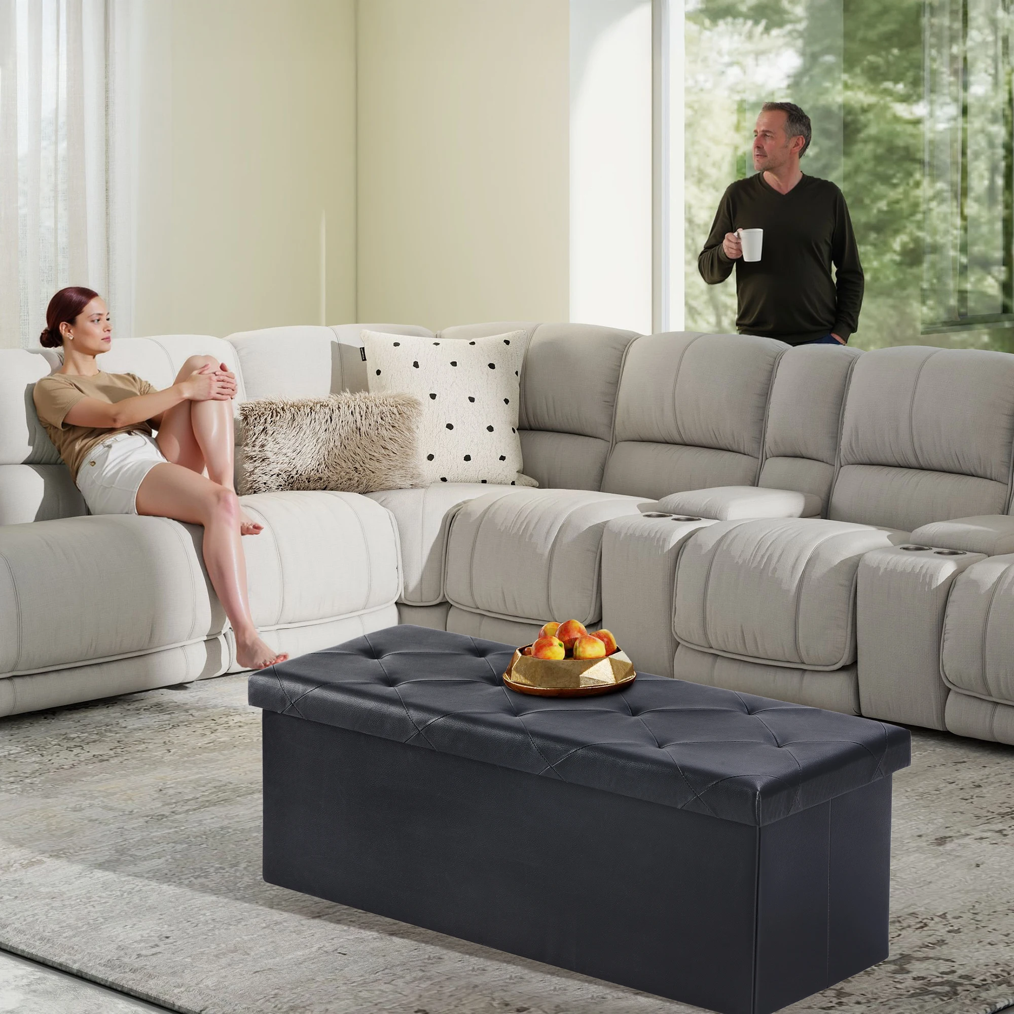 JHK 43 Inches Leather Folding Ottoman Storage Footstool Toy Box Bedroom Bench Load 660 lbs Foot Rest Stool For Living Room