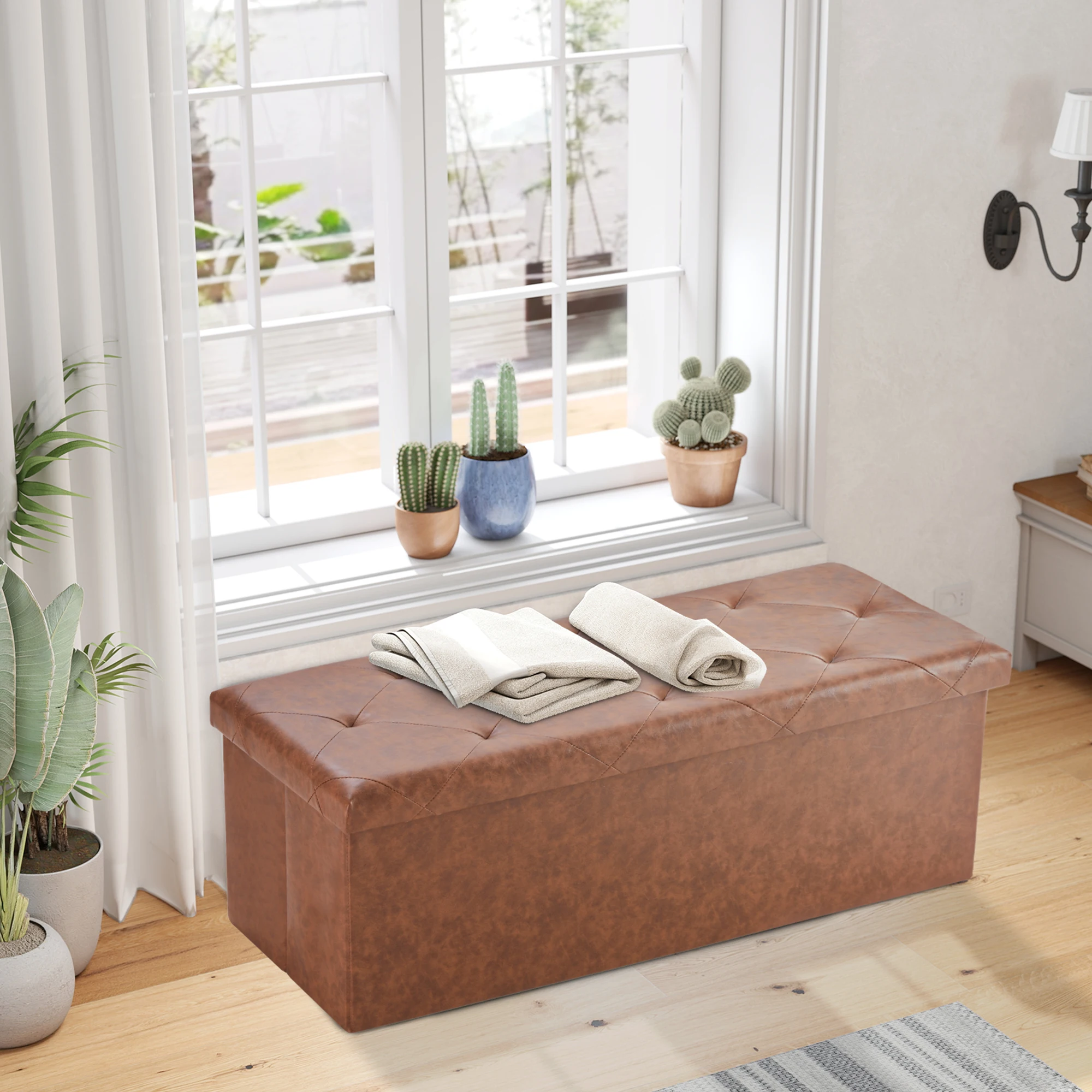 JHK 43 Inches Leather Folding Ottoman Storage Footstool Toy Box Bedroom Bench Load 660 lbs Foot Rest Stool For Living Room
