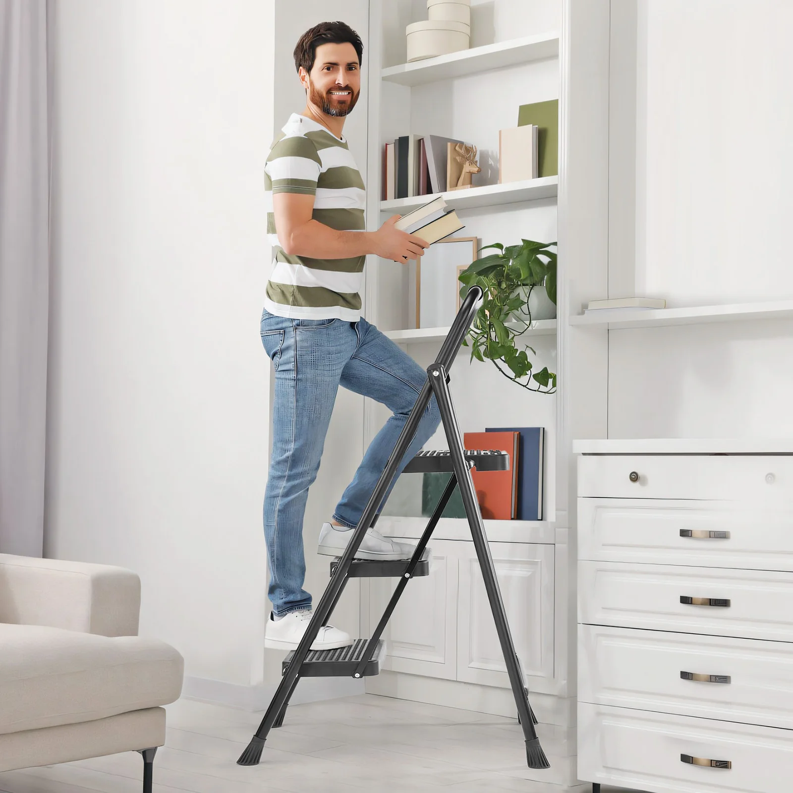 JHK Folding 2/3 Step Ladder Stool with Anti-Slip Pedal 800lbs Capacity Sturdy Steel Portable Cushioned Handle for Kitchen Home