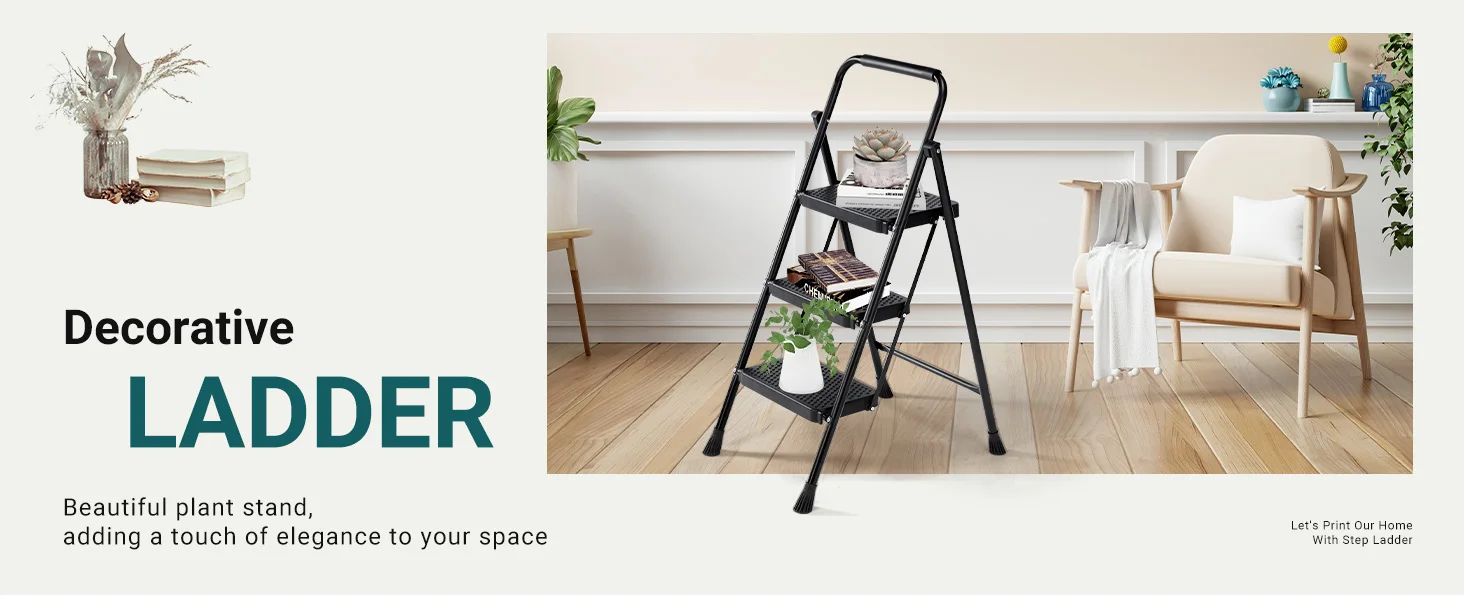 JHK Folding 2/3 Step Ladder Stool with Anti-Slip Pedal 800lbs Capacity Sturdy Steel Portable Cushioned Handle for Kitchen Home
