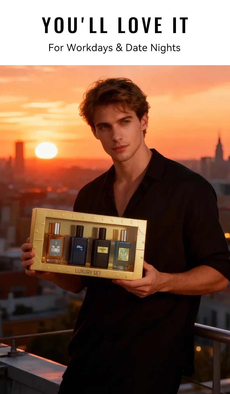 4-Piece Men's Perfume Gift Set (0.68oz Each) - 4 Long-Lasting Fruity aroma & Fresh Scents, The Perfect Holiday, Date & Party Gift