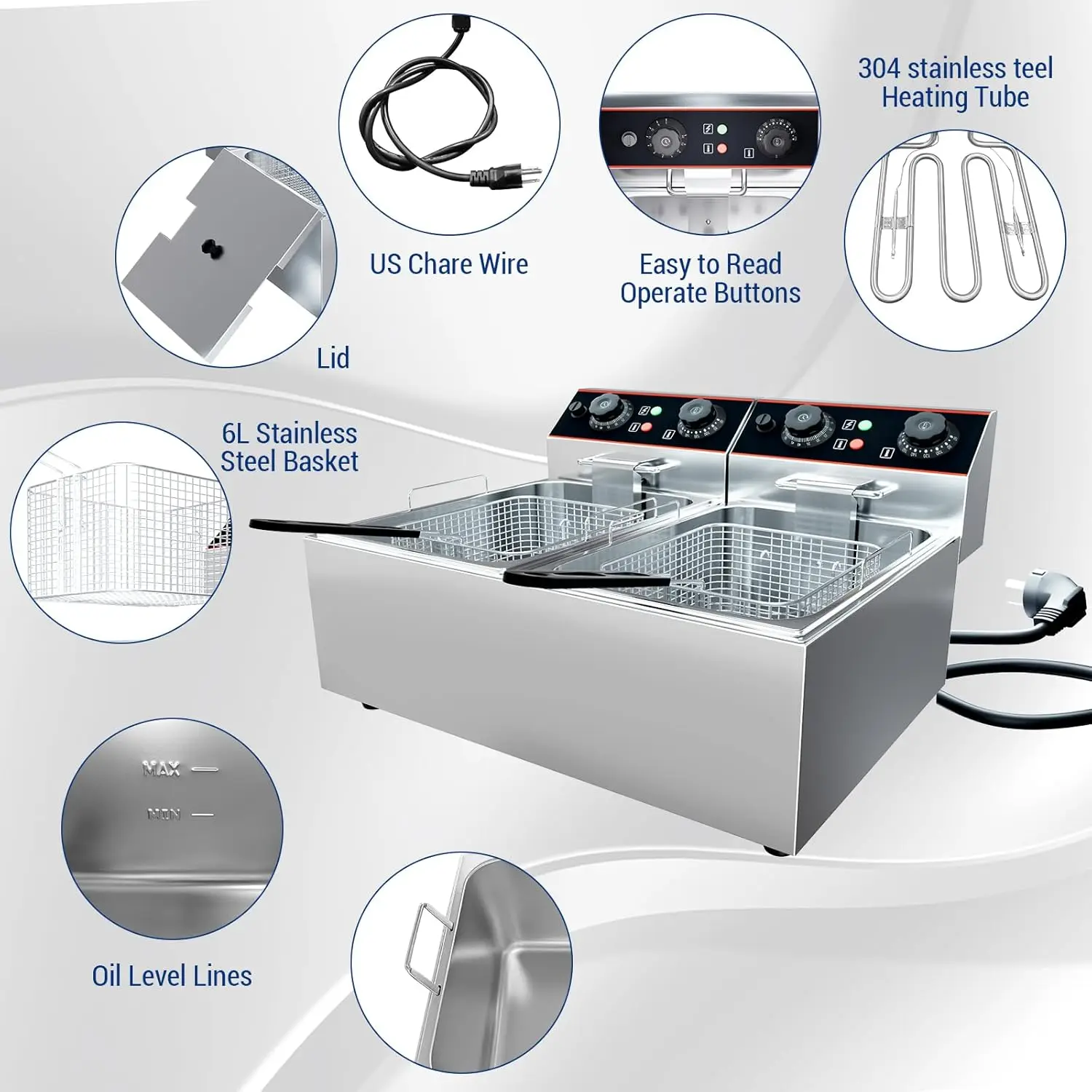 Commercial Electric Deep Fryer with Baskets Stainless Steel Adjustable Temperature Deep Fryer for Restaurant and Home
