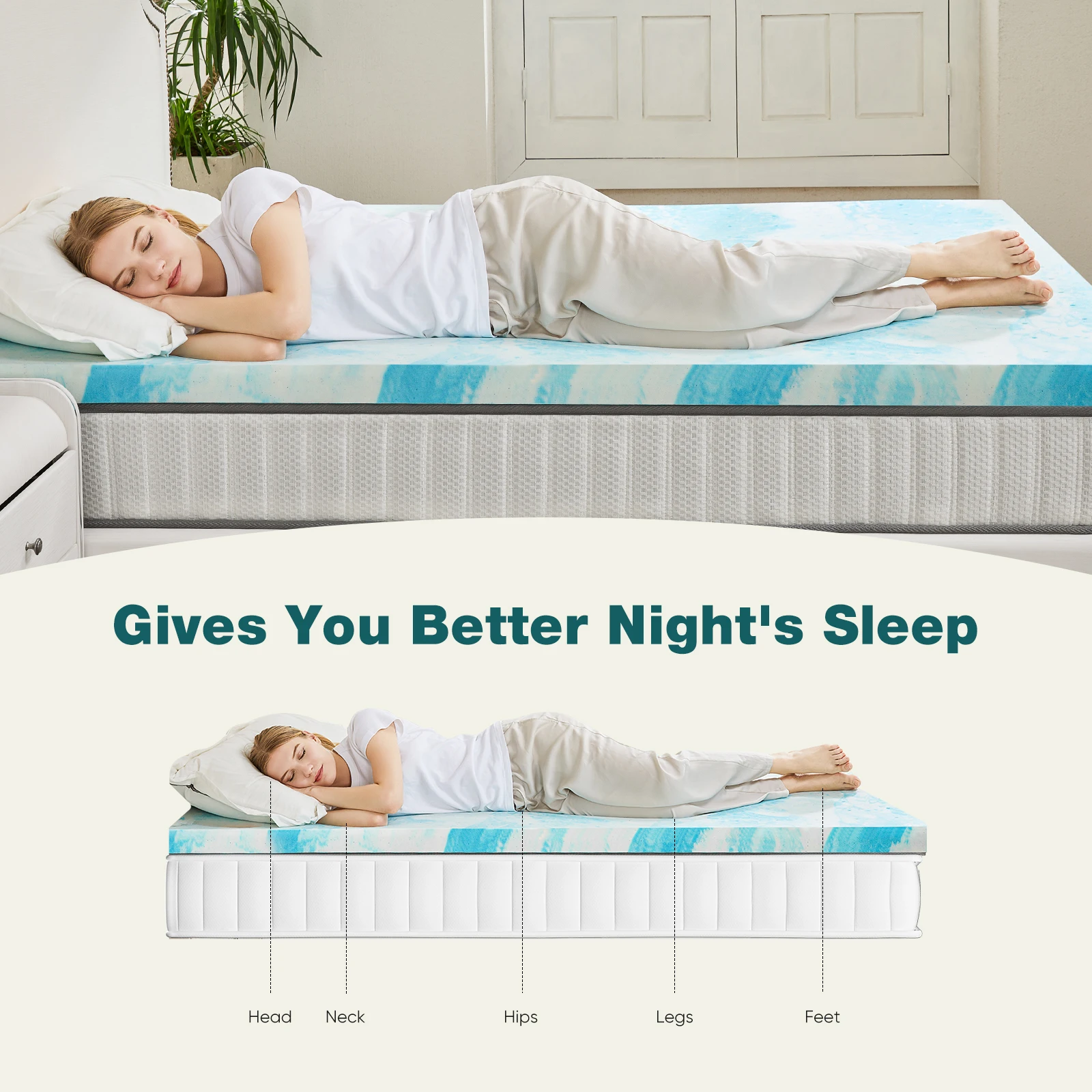 JHK 2-4 Inch Gel Memory Foam California King Mattress Topper Cooling Mattress Soft and Breathable Bed Topper Bedroom Furniture