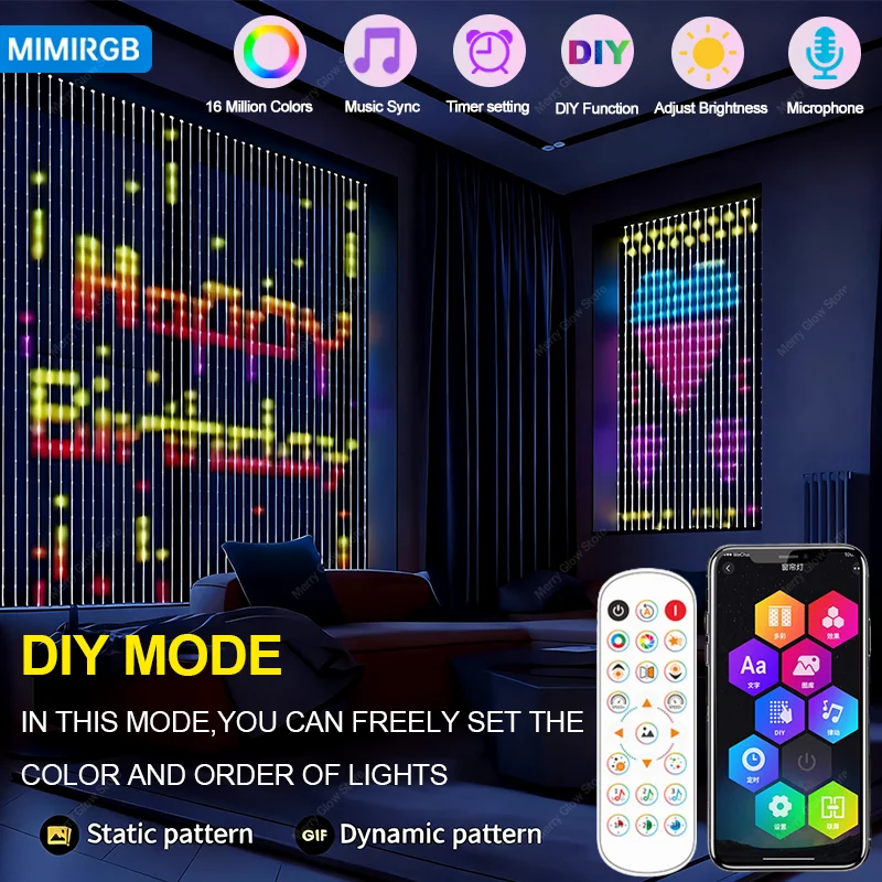2m*2m/3m Smart Curtain Lights Bluetooth App LED String RGB Fairy Lights DIY Music Change Display for Window Bedroom Decoration