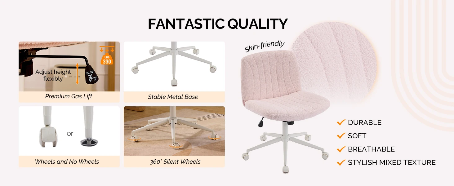VINGLI Pink Boucle Criss Cross Chair - Dual-Use With/No Wheels Swivel Armless Wide Comfy Office Vanity Chair for Study Makeup