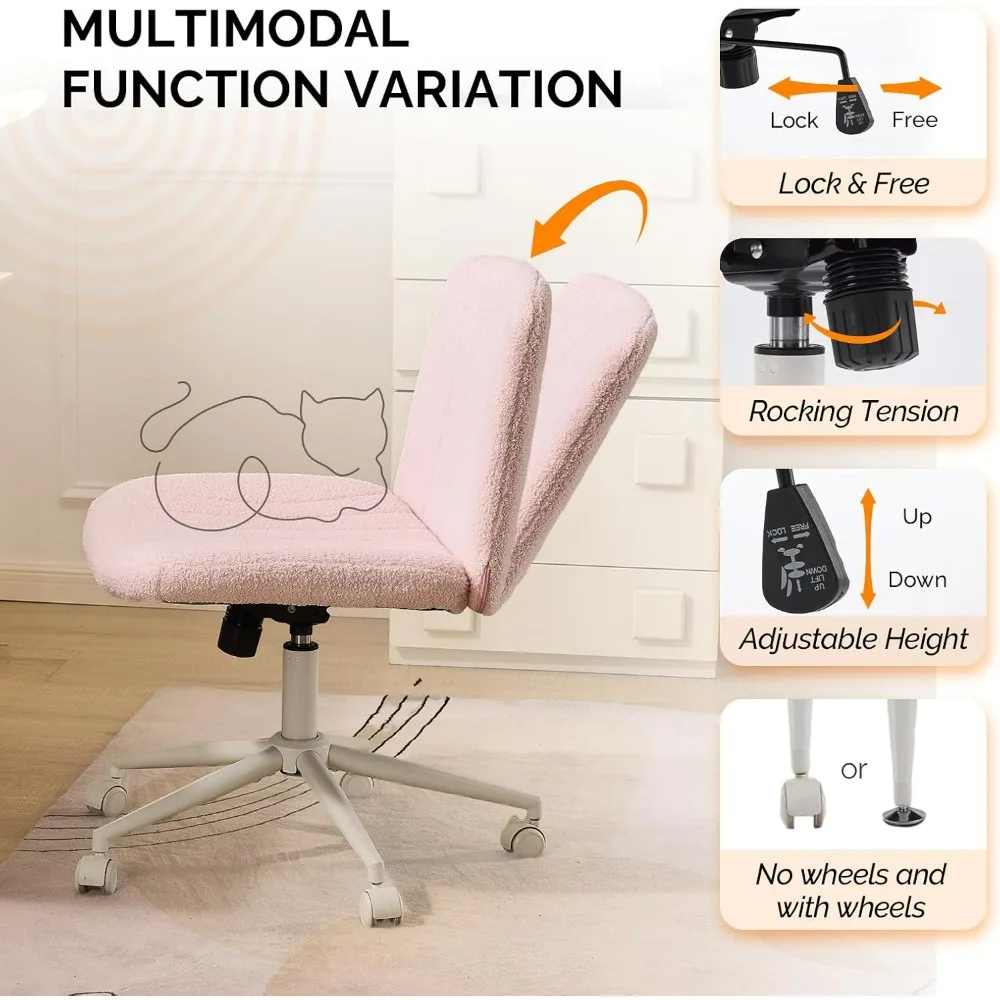 VINGLI Pink Boucle Criss Cross Chair - Dual-Use With/No Wheels Swivel Armless Wide Comfy Office Vanity Chair for Study Makeup