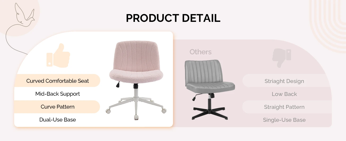 VINGLI Pink Boucle Criss Cross Chair - Dual-Use With/No Wheels Swivel Armless Wide Comfy Office Vanity Chair for Study Makeup