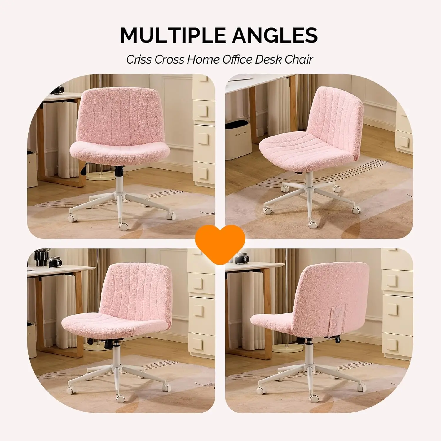 VINGLI Pink Boucle Criss Cross Chair - Dual-Use With/No Wheels Swivel Armless Wide Comfy Office Vanity Chair for Study Makeup