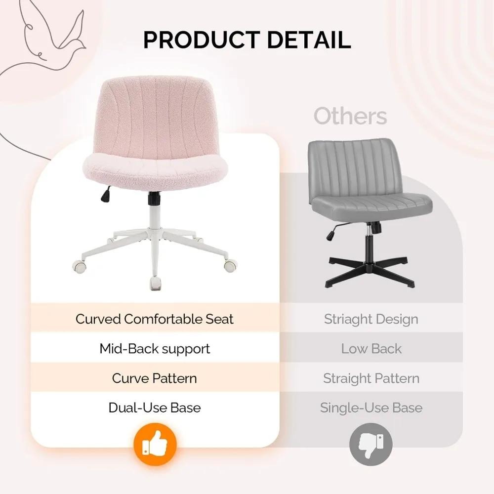 VINGLI Pink Boucle Criss Cross Chair - Dual-Use With/No Wheels Swivel Armless Wide Comfy Office Vanity Chair for Study Makeup