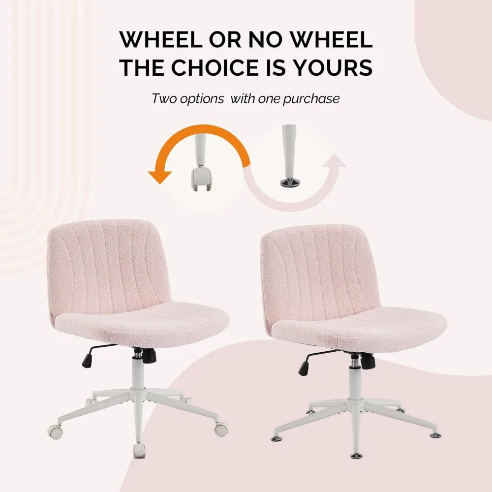 VINGLI Pink Boucle Criss Cross Chair - Dual-Use With/No Wheels Swivel Armless Wide Comfy Office Vanity Chair for Study Makeup