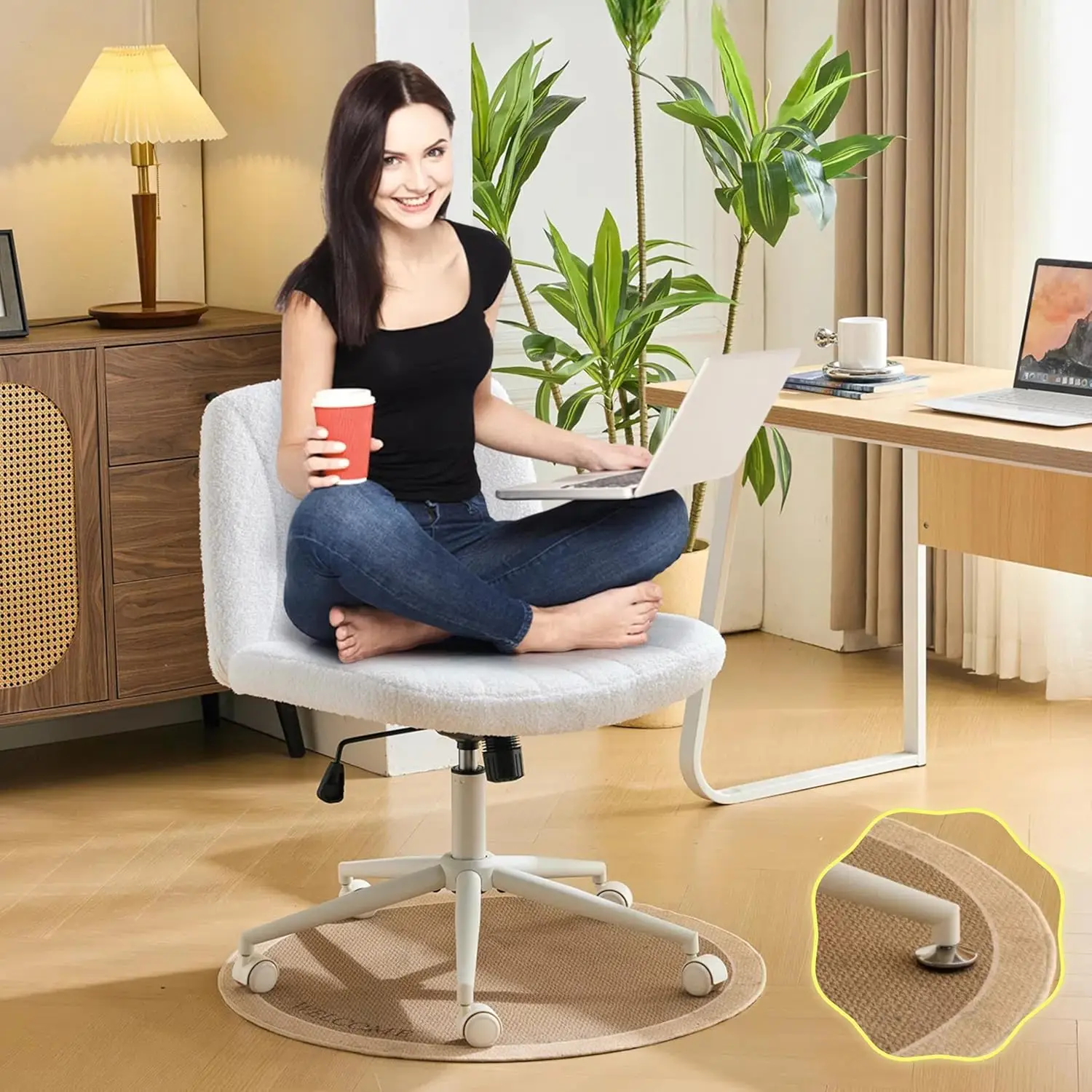 VINGLI Pink Boucle Criss Cross Chair - Dual-Use With/No Wheels Swivel Armless Wide Comfy Office Vanity Chair for Study Makeup