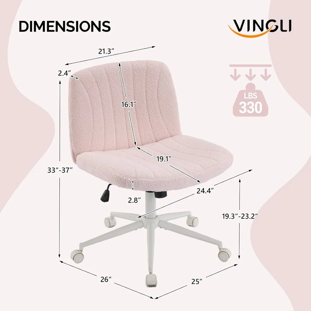 VINGLI Pink Boucle Criss Cross Chair - Dual-Use With/No Wheels Swivel Armless Wide Comfy Office Vanity Chair for Study Makeup