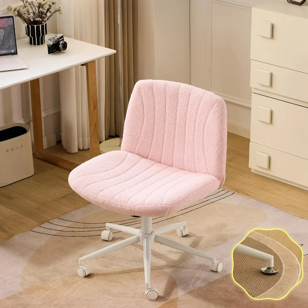 VINGLI Pink Boucle Criss Cross Chair - Dual-Use With/No Wheels Swivel Armless Wide Comfy Office Vanity Chair for Study Makeup