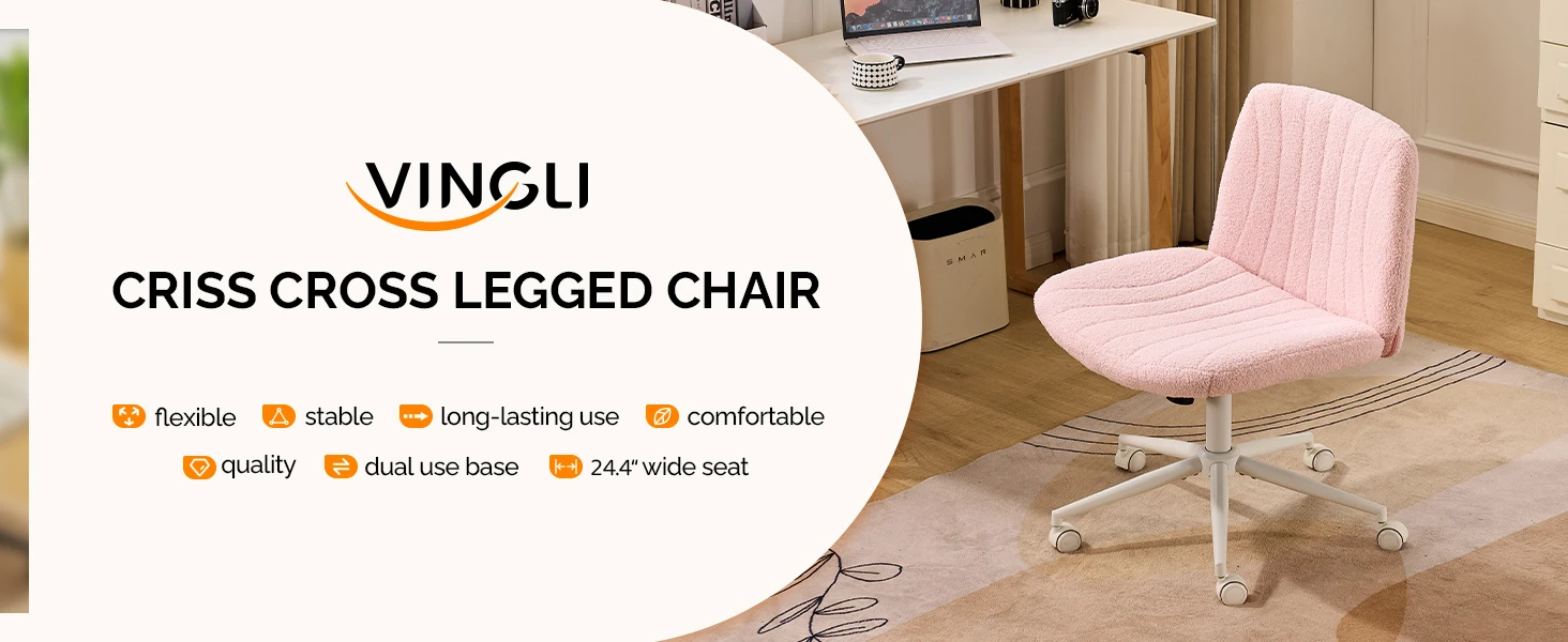 VINGLI Pink Boucle Criss Cross Chair - Dual-Use With/No Wheels Swivel Armless Wide Comfy Office Vanity Chair for Study Makeup