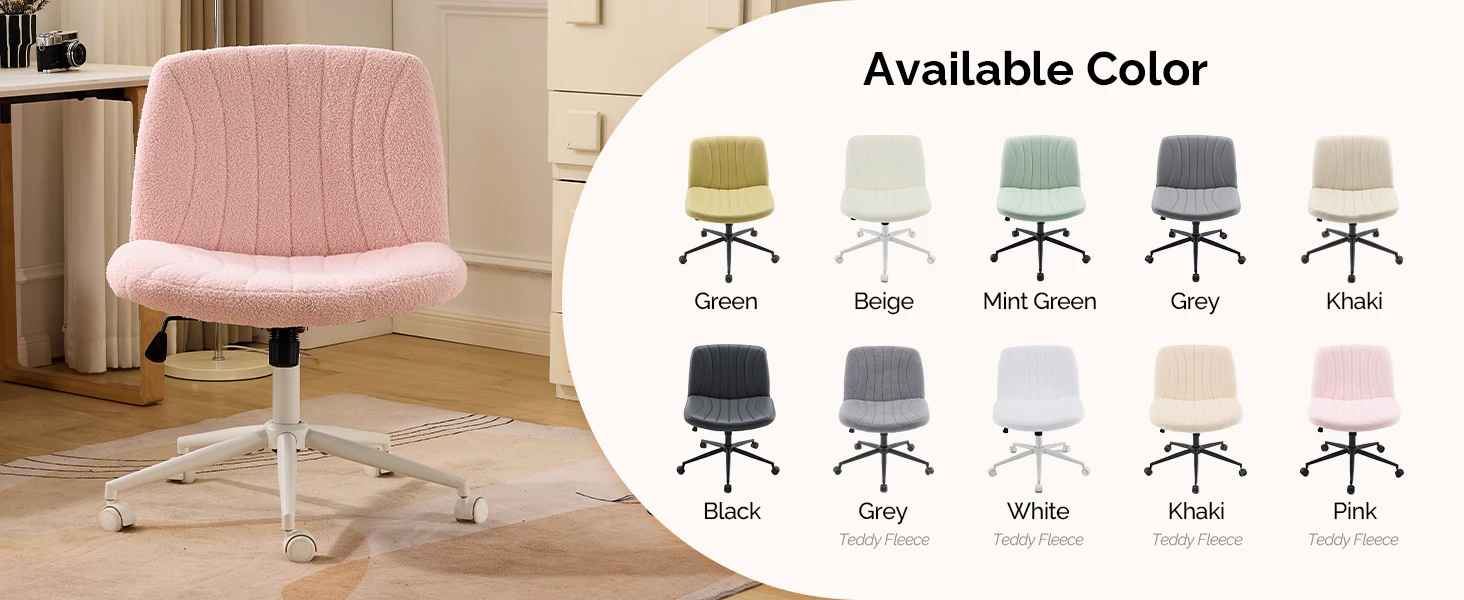 VINGLI Pink Boucle Criss Cross Chair - Dual-Use With/No Wheels Swivel Armless Wide Comfy Office Vanity Chair for Study Makeup