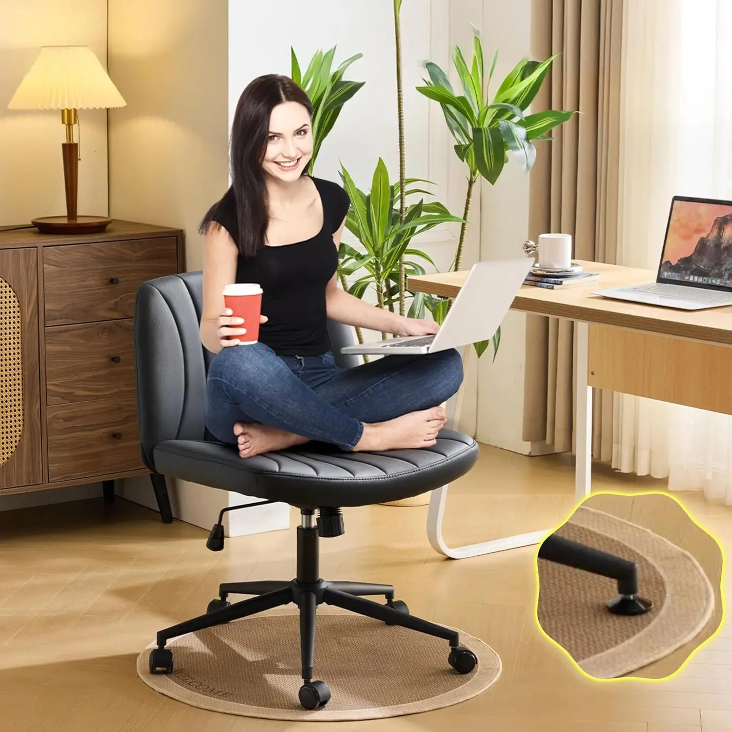 VINGLI Pink Boucle Criss Cross Chair - Dual-Use With/No Wheels Swivel Armless Wide Comfy Office Vanity Chair for Study Makeup