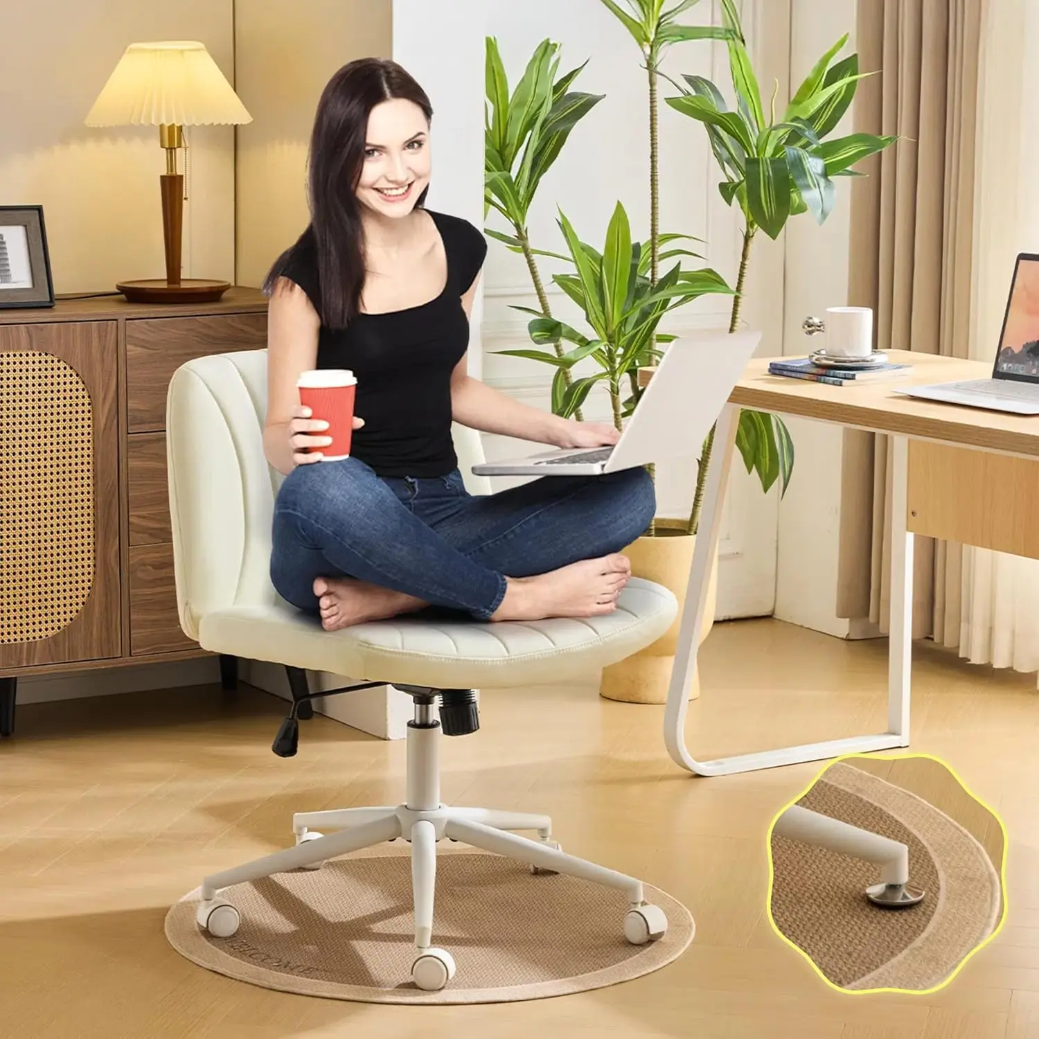 VINGLI Pink Boucle Criss Cross Chair - Dual-Use With/No Wheels Swivel Armless Wide Comfy Office Vanity Chair for Study Makeup