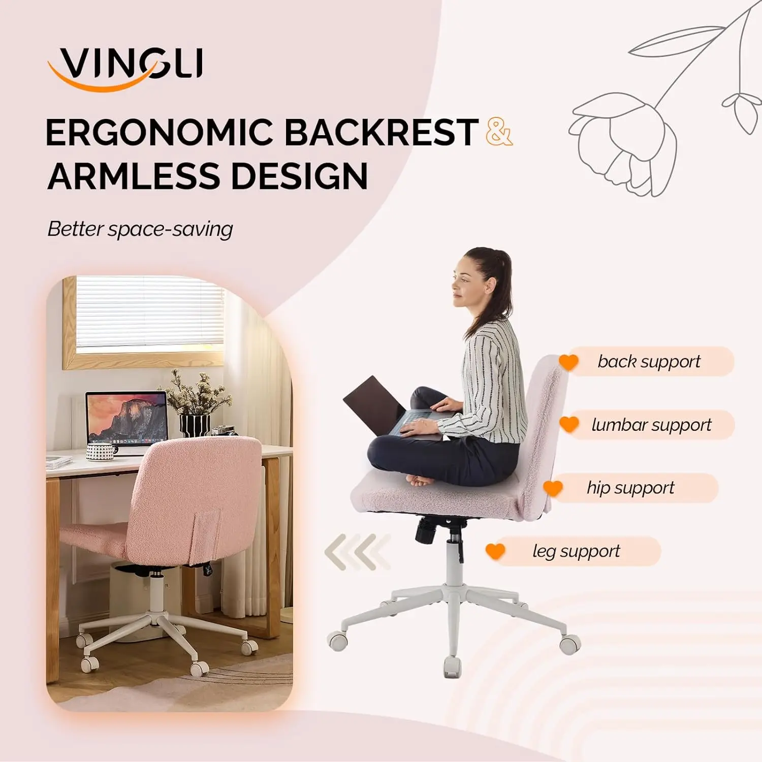 VINGLI Pink Boucle Criss Cross Chair - Dual-Use With/No Wheels Swivel Armless Wide Comfy Office Vanity Chair for Study Makeup