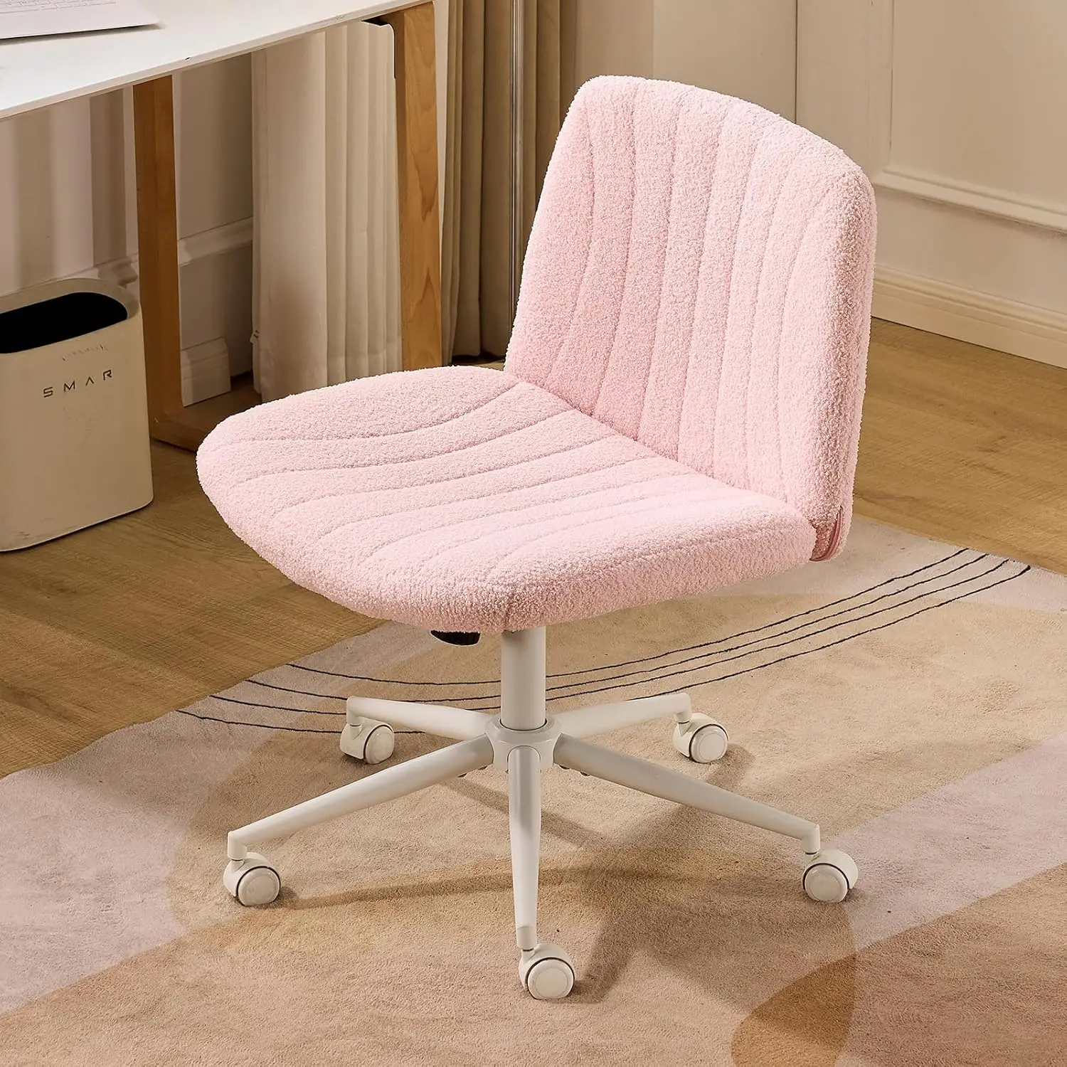 VINGLI Pink Boucle Criss Cross Chair - Dual-Use With/No Wheels Swivel Armless Wide Comfy Office Vanity Chair for Study Makeup