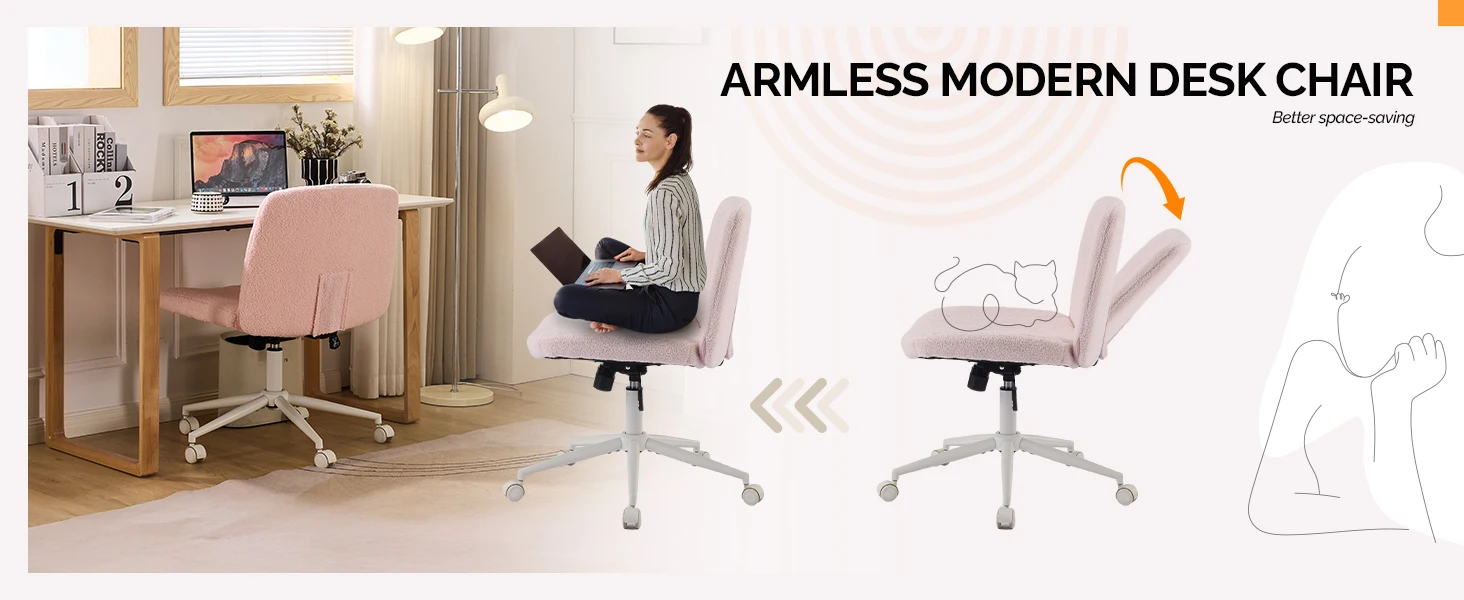 VINGLI Pink Boucle Criss Cross Chair - Dual-Use With/No Wheels Swivel Armless Wide Comfy Office Vanity Chair for Study Makeup
