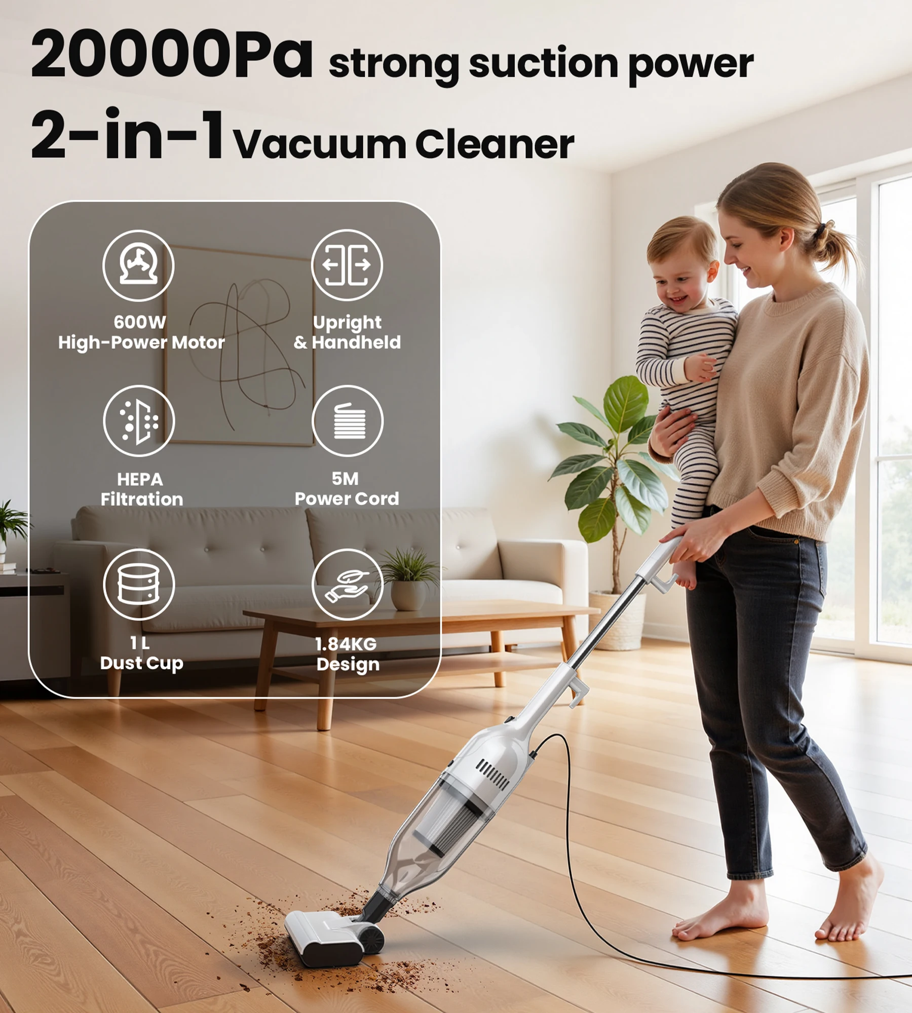 R7 Corded Stick Vacuum Cleaner 600W 20Kpa Powerful Suction Household Handheld Stick Vacuum 3 in 1 Lightweight Cleaner for Home Carpet
