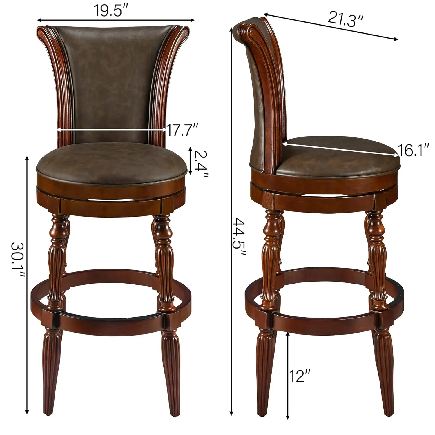 Set of 2 Solid Wood Swivel High Bar Stool, 30 1/8" H Carved 180°Return Traditional Pub Height Stools, Armless Barstool with PU L