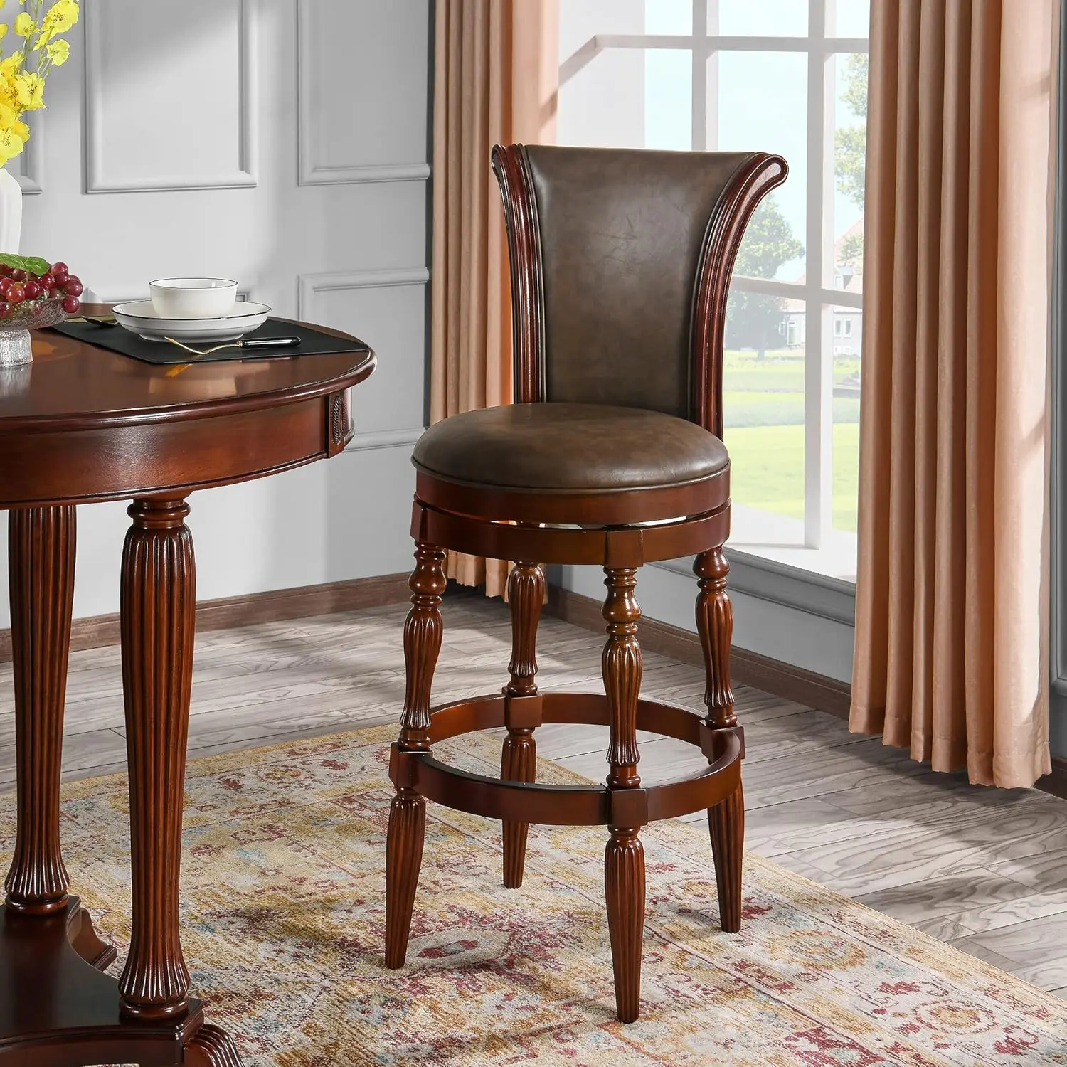Set of 2 Solid Wood Swivel High Bar Stool, 30 1/8" H Carved 180°Return Traditional Pub Height Stools, Armless Barstool with PU L