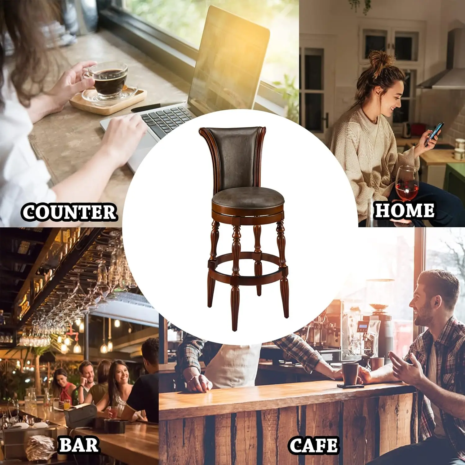Set of 2 Solid Wood Swivel High Bar Stool, 30 1/8" H Carved 180°Return Traditional Pub Height Stools, Armless Barstool with PU L